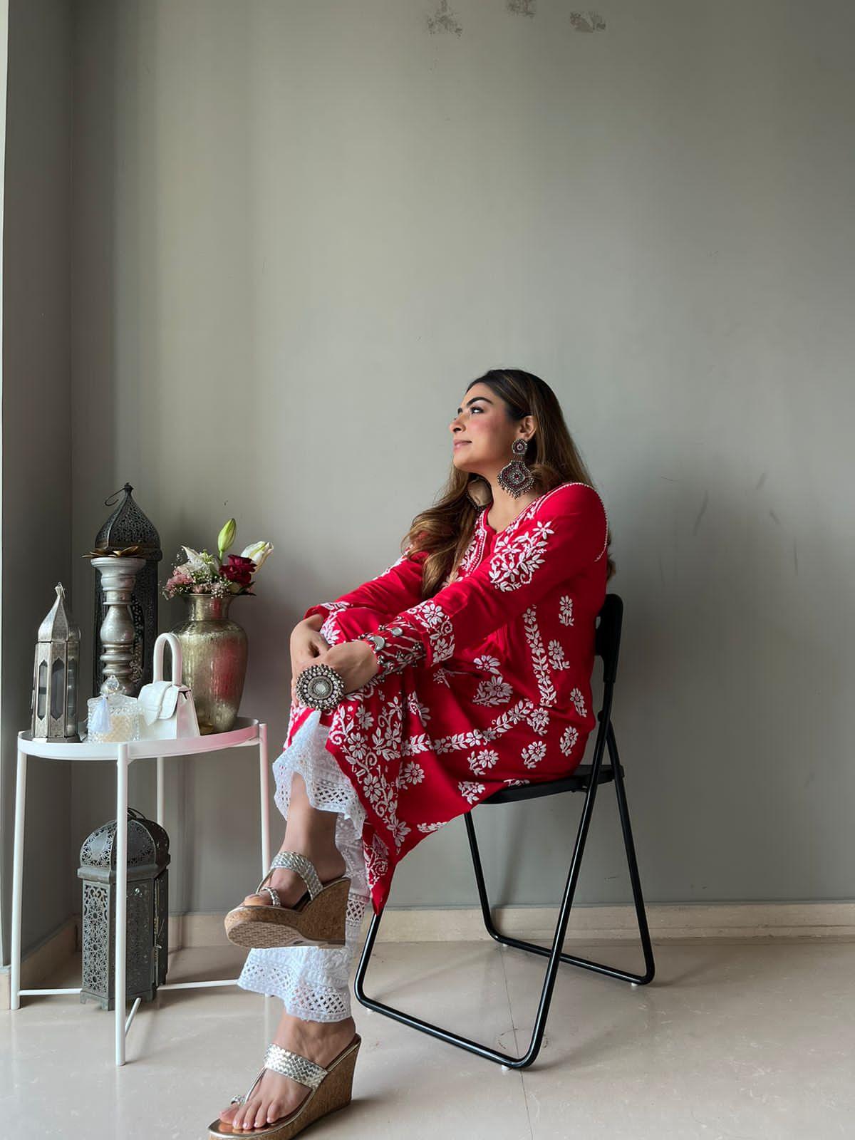 Gurleen Gambhir Rayon Chikankari Long Kurti - Red & White Traditional Indian Tunic for Women | Perfect for Festivals, Weddings & Casual Wear