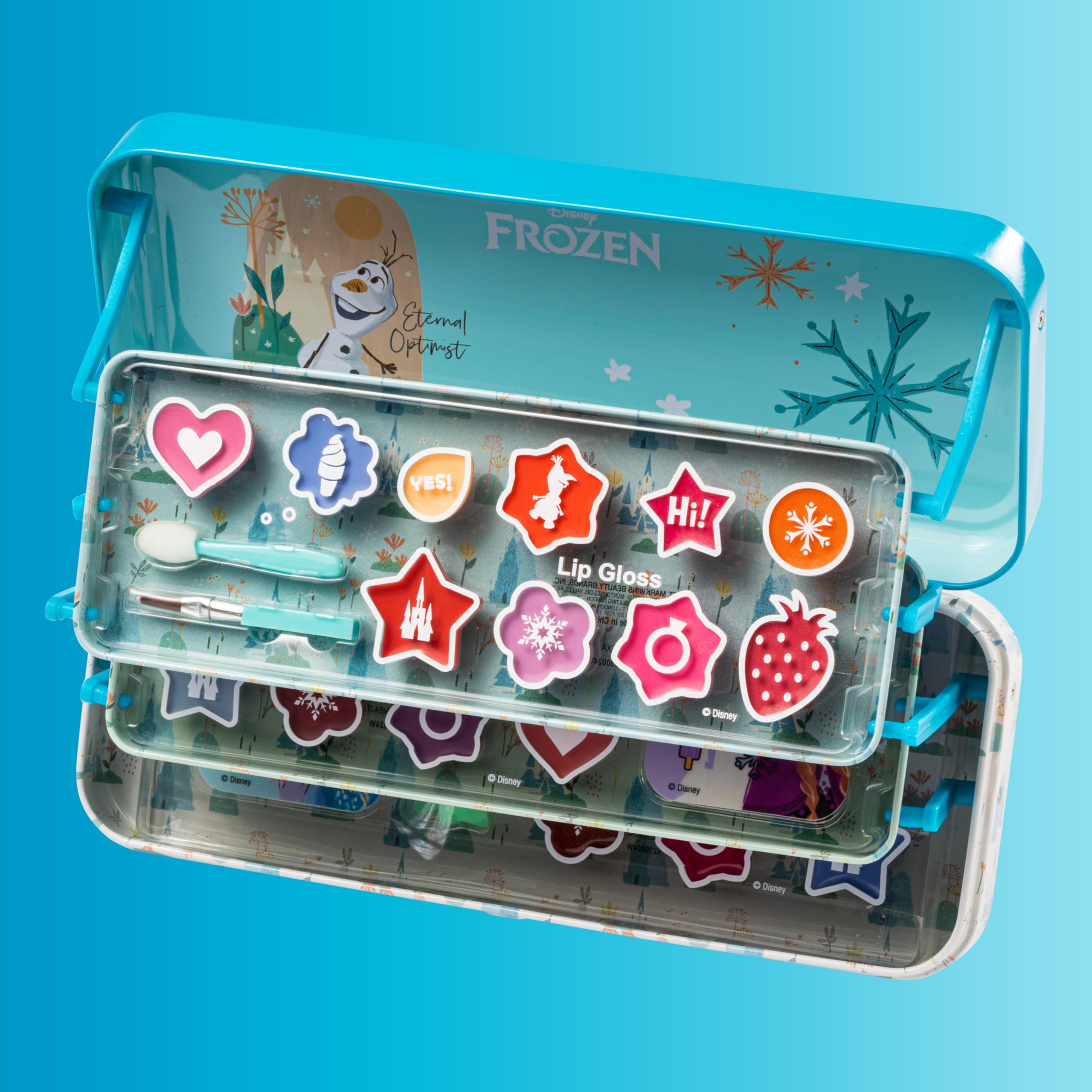 Frozen Artisan Picnic Travel Beauty Tin Set - 3 Tier Makeup Kit for Girls with Lip Gloss, Eyeshadow, Makeup Applicators & Hair Accessories | Disney Frozen Themed Cosmetic Gift for Kids, Travel & Playtime