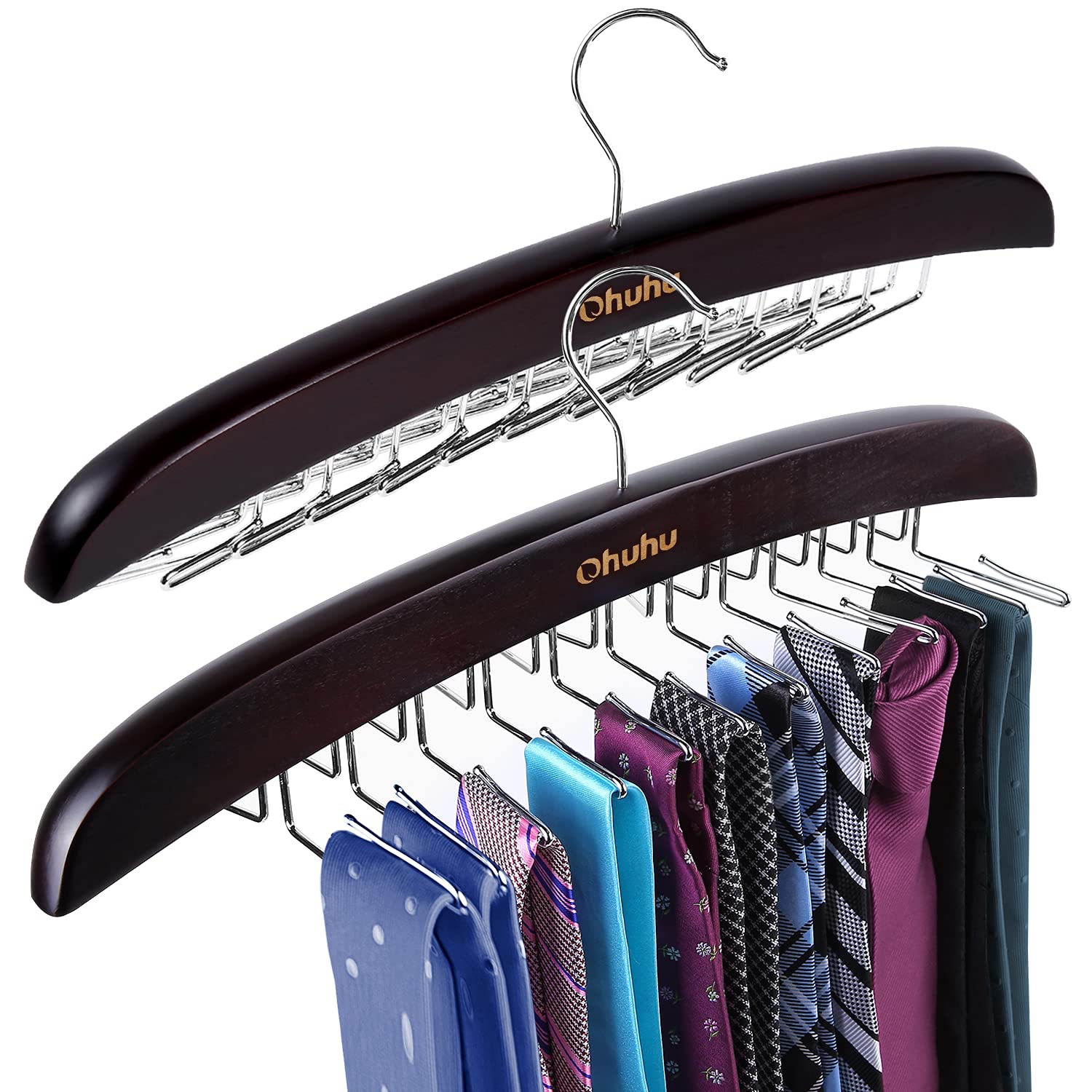 Ohuhu 24-Hook Wooden Walnut Tie Rack Organizer - 360 Degree Rotating Hanger for Neckties, Belts, Scarves & Accessories (2 Pack) - Perfect for Closet Organization & Space Saving Wardrobe Storage