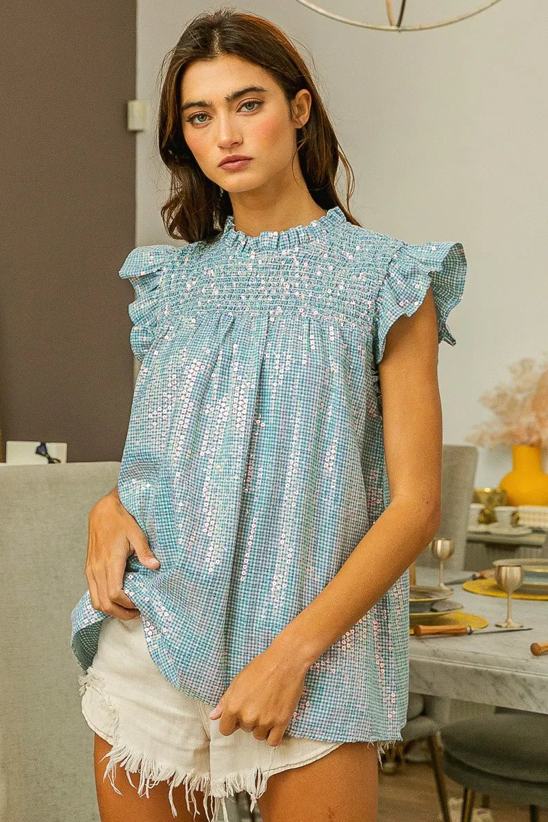 BiBi Clear Sequin All Over Gingham Smocked Top - Trendy Women's Blouse for Party, Holiday & Special Occasions