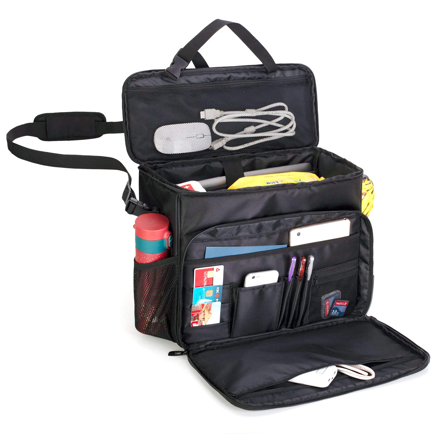 CURMIO Tactical Patrol Bag for Law Enforcement - Durable Car & Truck Seat Organizer with Padded Laptop Sleeve - Patent Design Black - Perfect for Police Gear Storage & Vehicle Organization