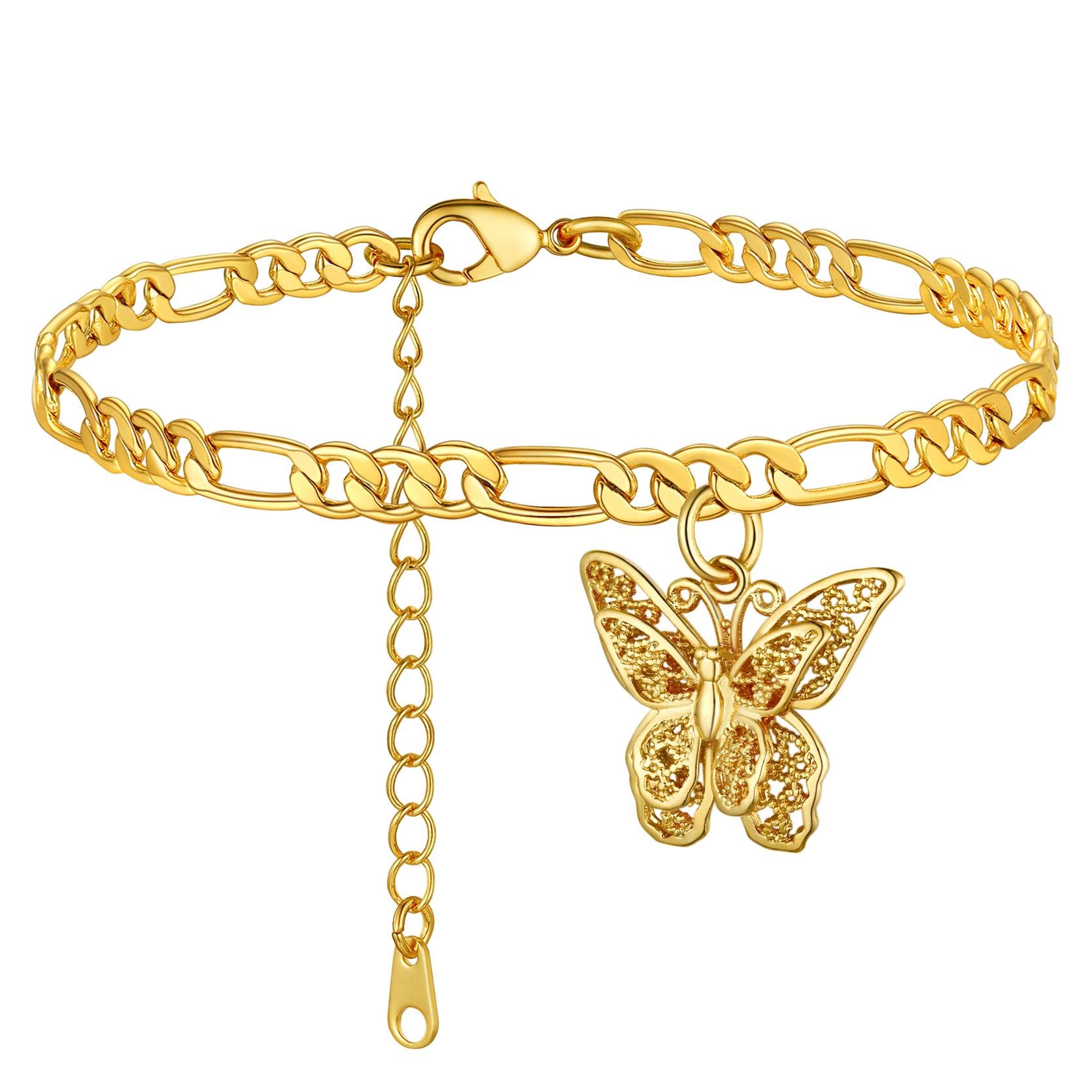 GOLDCHIC JEWELRY 14K Gold Plated Butterfly Anklet for Women - Adjustable 8.5+2 Inch Figaro Chain Ankle Bracelet - Elegant Foot Jewelry for Summer, Beach, Parties & Special Occasions
