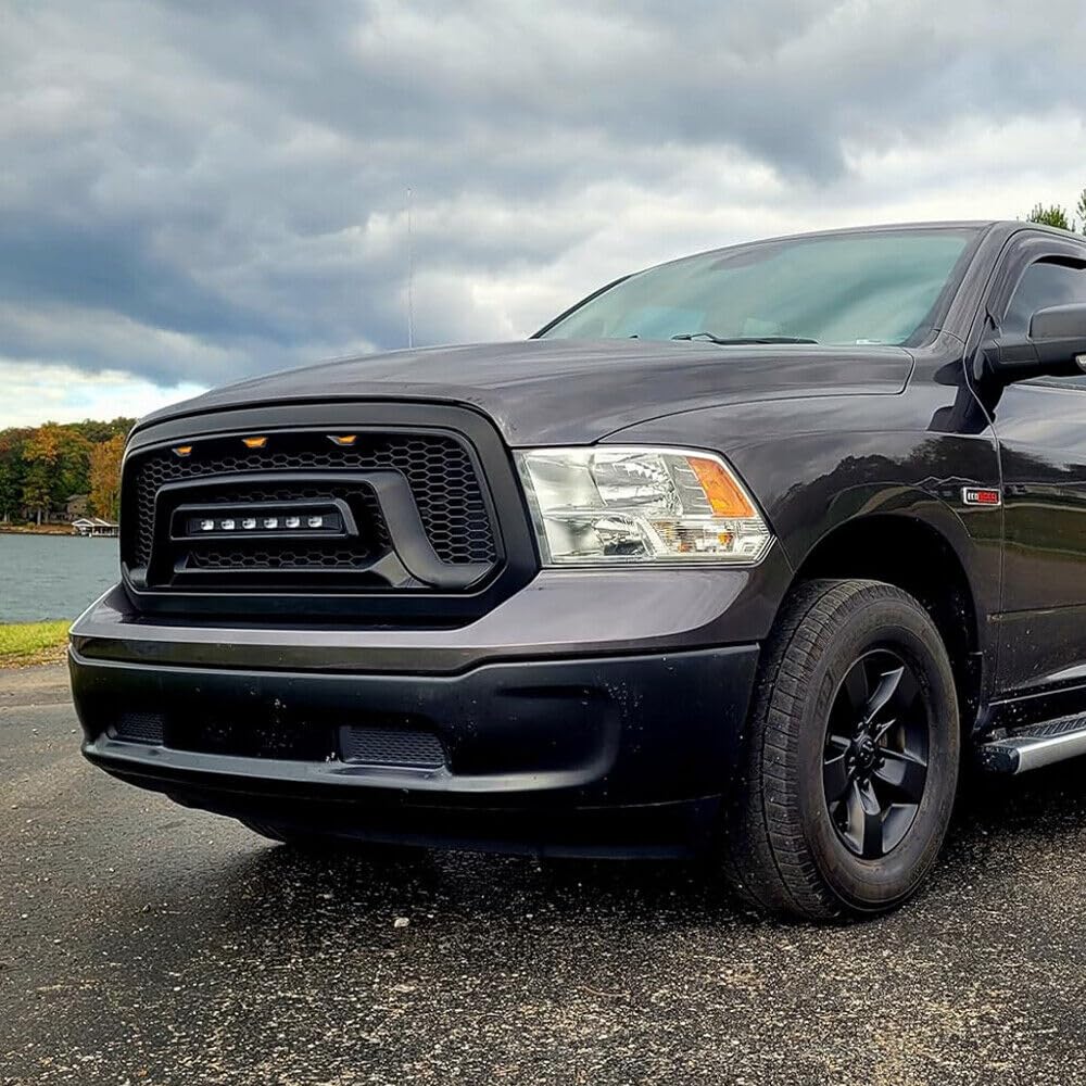 **Matte Black Front Grille for 2013-2023 Dodge Ram 1500 & Ram 1500 Classic | Off-Road Bumper Grill with LED Lights | Perfect for Off-Roading & Truck Customization**