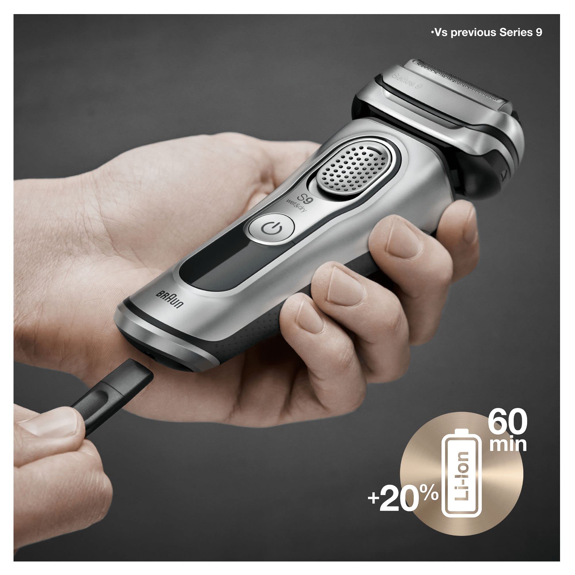 Braun Series 9 Electric Shaver for Men with Clean & Charge Station, Leather Case - 100% Waterproof, 2 Pin Bathroom Plug, Flawless Shaving - Perfect Gift for Dad, Husband, Boyfriend (Model 9390cc, Silver) - Ideal for Travel, Home Use & Wet/Dry Shaving