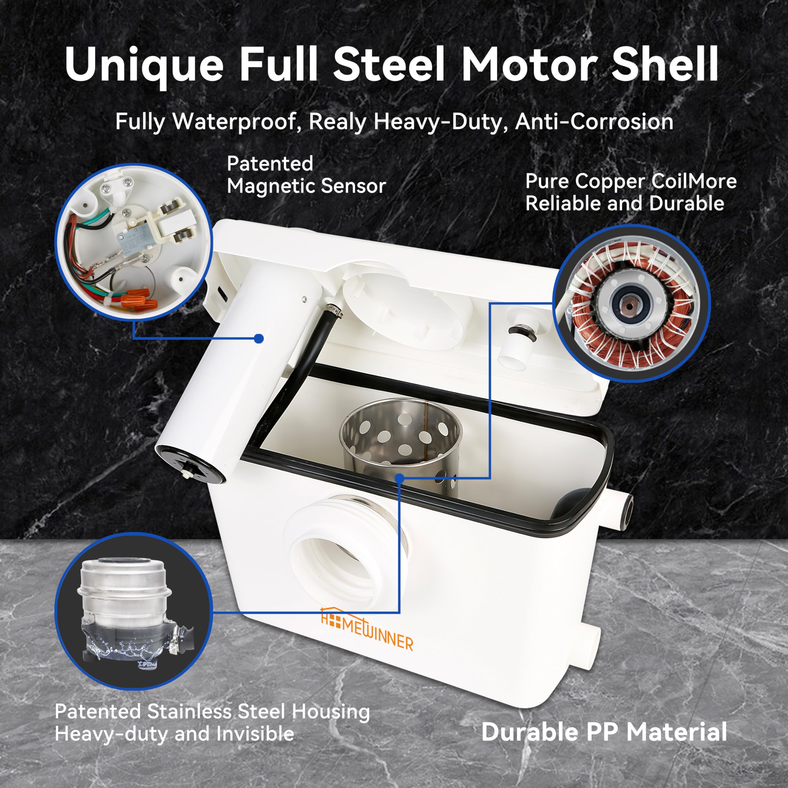 600W Macerator Pump System - Upflush Toilet Sewage Grinder for Basement, RV & Marine Use | Handles Waste from Bathroom, Shower, Laundry Sink (Up to 30ft) | Ideal for Off-Grid Homes, Tiny Houses & Boats
