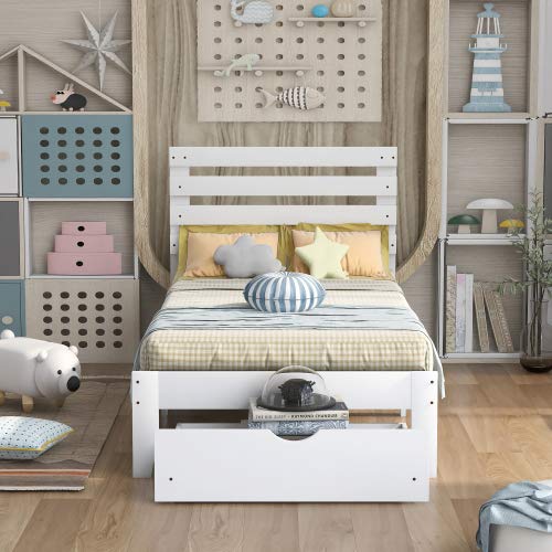 White Wooden Twin Bed Frame with Headboard, Footboard & Storage Drawers - Sturdy Platform Bed Mattress Foundation for Kids, Teens & Guest Rooms