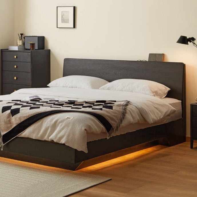 Solid Oak Wood Floating Platform Bed with LED Lights - Modern Smoky Finish for Bedroom, Guest Room, or Studio Apartment
