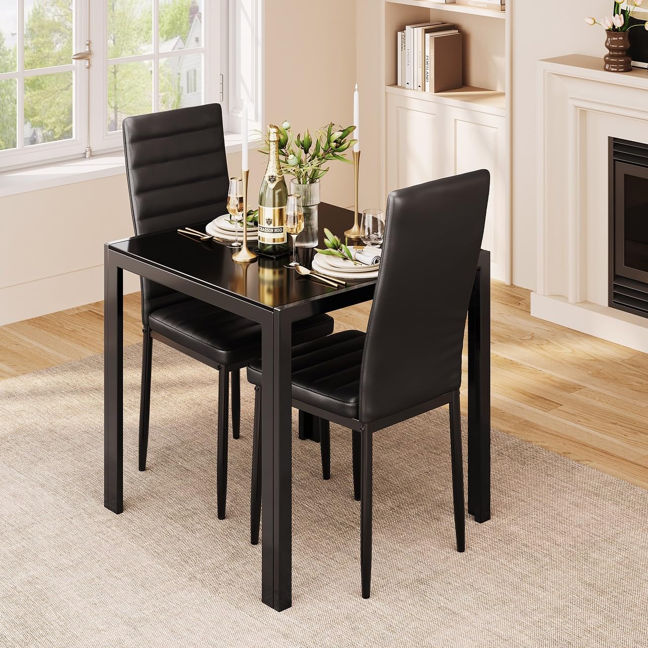 Gizoon 3-Piece Glass Dining Table Set with PU Leather Chairs, Modern Kitchen and Living Room Furniture for 2, Perfect for Small Spaces, Apartments, and Cozy Homes