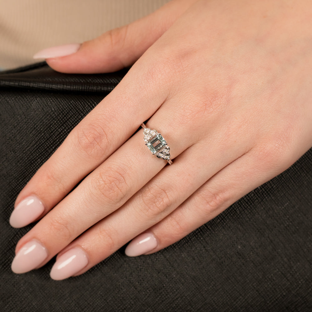 9ct White Gold Natural Aquamarine and Diamond Ring for Women - Elegant March Birthstone Jewelry Gift for Engagement, Anniversary & Special Occasions