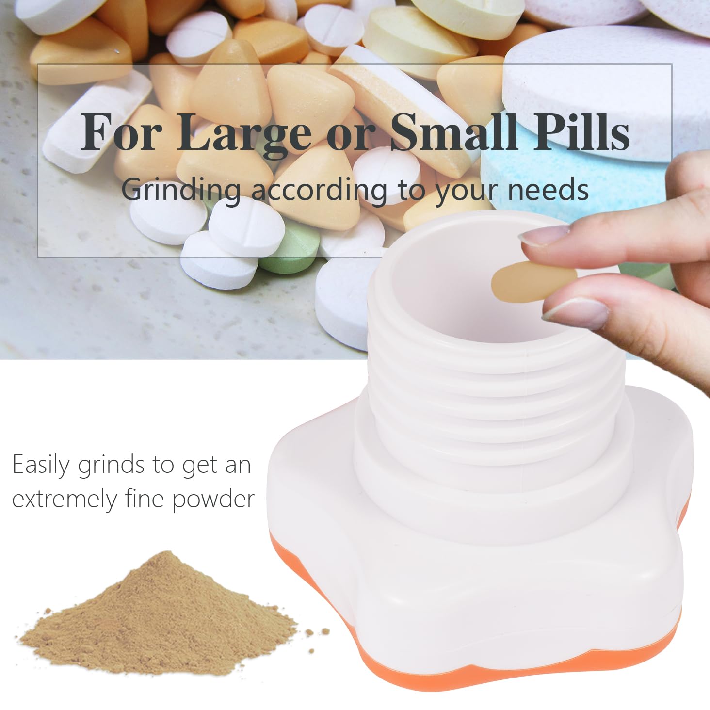 Johnbee Pill Crusher & Grinder - Fine Powder for Easy Medication - Storage Compartment & Silicone Edges - Grind Multiple Pills at Once - Includes Cleaning Brush (Orange) - Perfect for Elderly Care, Family Use & Pet Medication