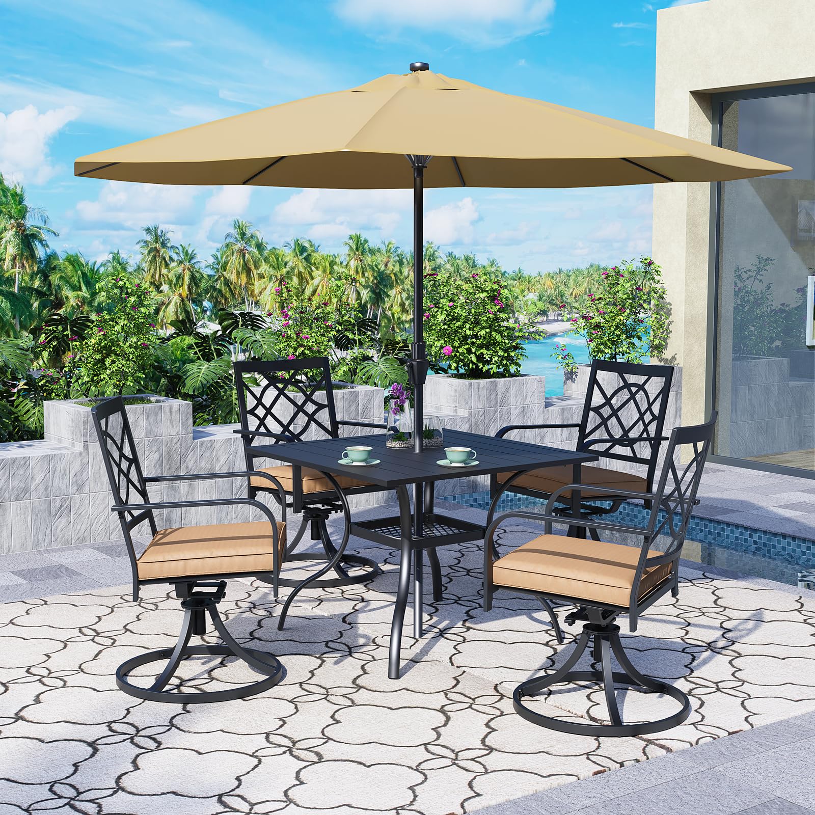SUNCROWN 5-Piece Outdoor Dining Set with Swivel Cushioned Chairs, Steel Slat Bistro Table & 9Ft Brown Patio Umbrella - Patio Furniture for Backyard, Garden, Lawn, Poolside & Outdoor Entertaining