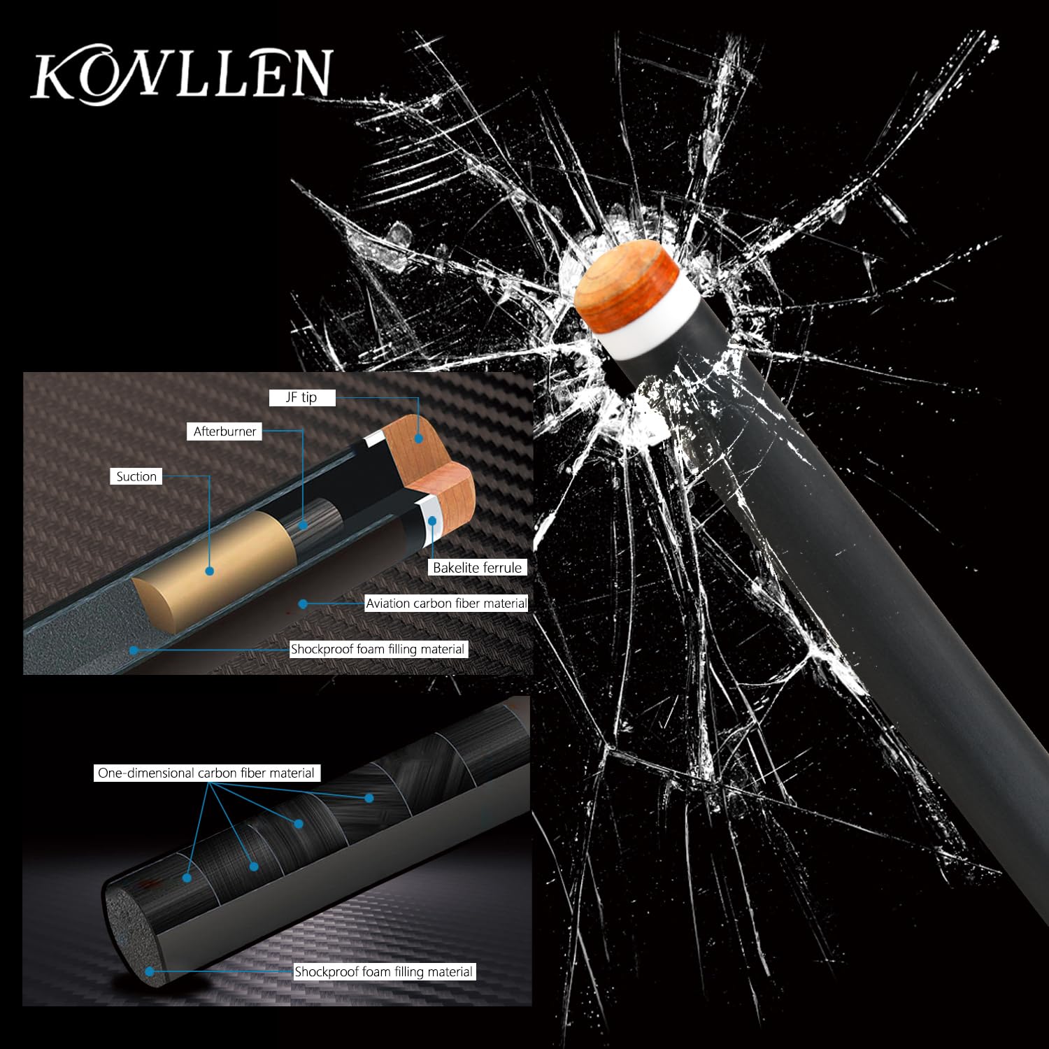 KONLLEN Professional Carbon Fiber Pool Cue Stick – Hand-Made Low Deflection Billiard Cue with Ultra-Smooth Inlay Design for Precision Shots | Perfect for Tournaments & Home Game Rooms