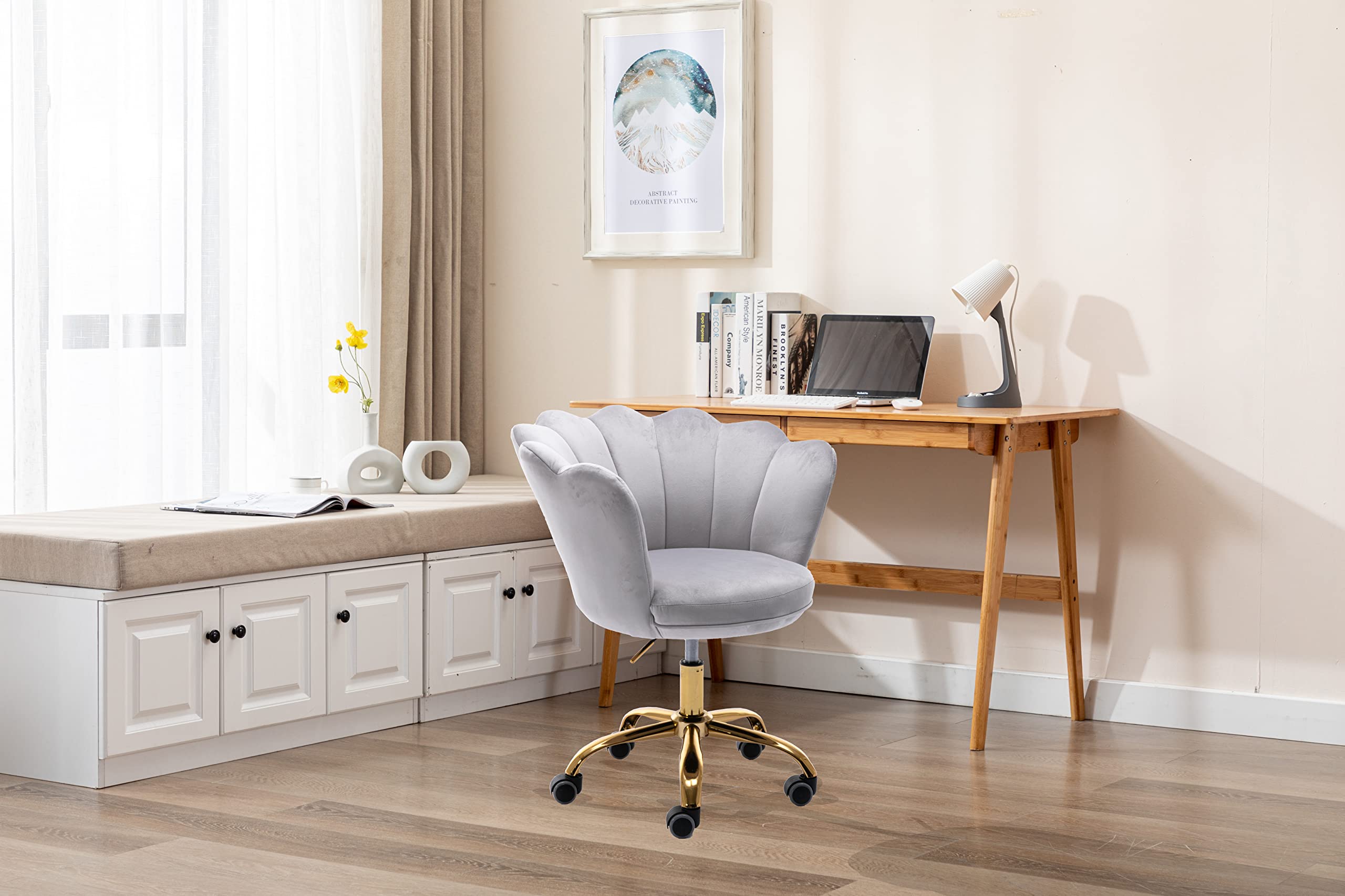 Ergonomic Home Office Chair with Wheels & Swivel - Adjustable Height Velvet Desk Chair for Work, Study, Gaming - Perfect for Living Room, Bedroom Vanity & Makeup Station (Light Grey)