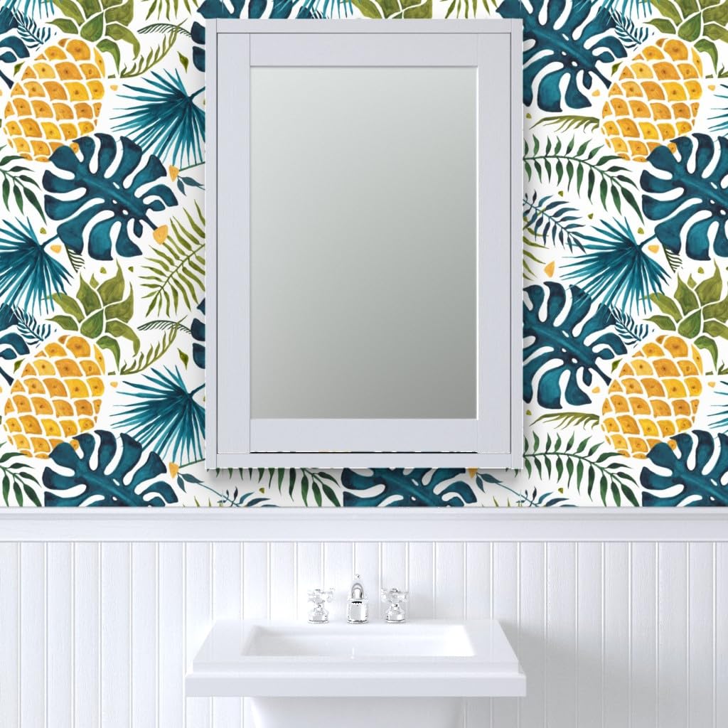 Removable Wallpaper Swatch - Tropical Pineapple Blue Yellow Leaves Design | Pre-Pasted Peel & Stick Wallpaper for Kitchen, Bathroom, Nursery | Spoonflower Custom Summer Fruit Decor