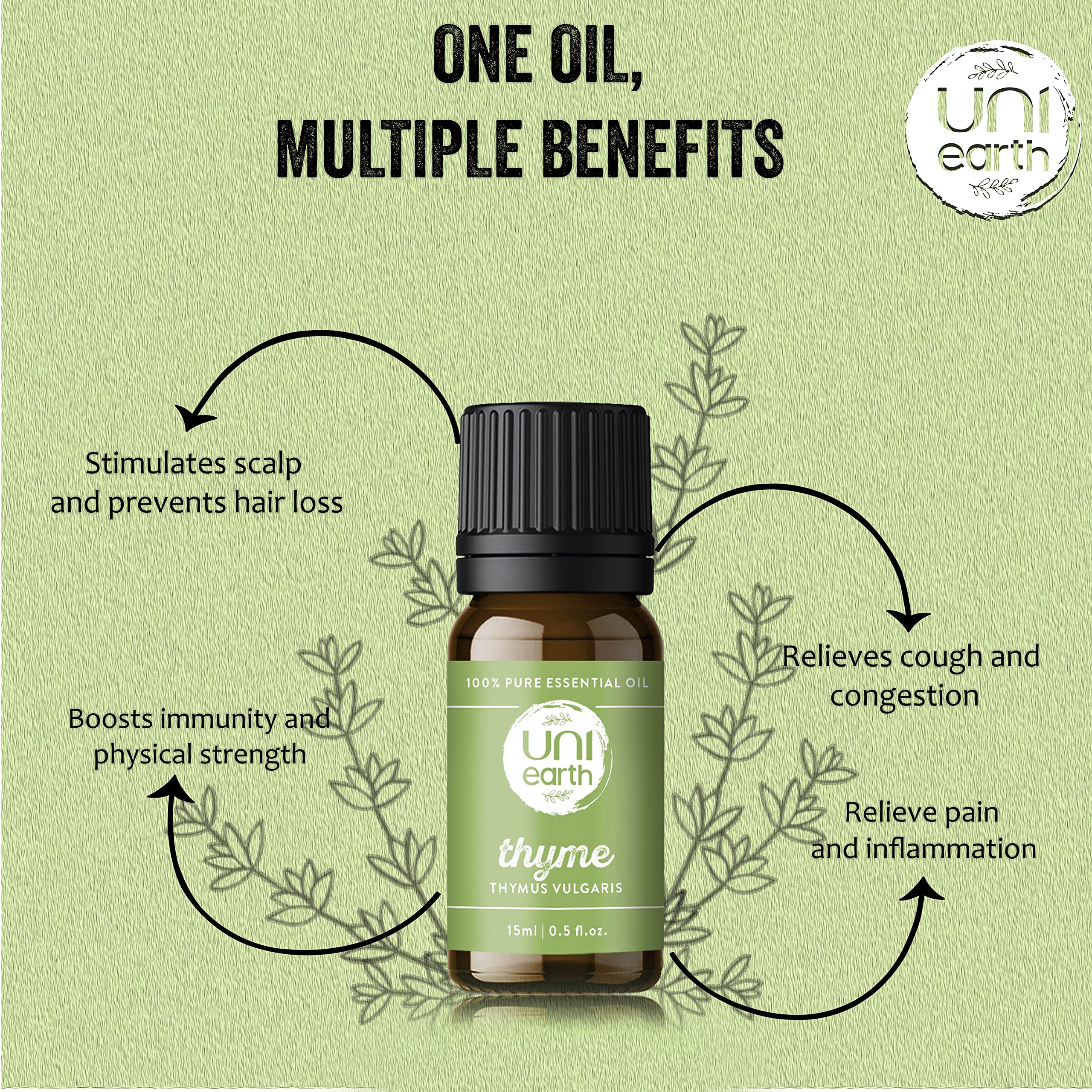 Uniearth 100% Pure Therapeutic Grade Thyme Essential Oil - 15mL for Skin & Hair Care | Relieves Cough, Boosts Immunity, Exfoliates Skin, Nourishes Scalp, Reduces Hair Loss | Mood Uplifting Aromatherapy | Perfect for Diffusers, Massage & DIY Beauty Products