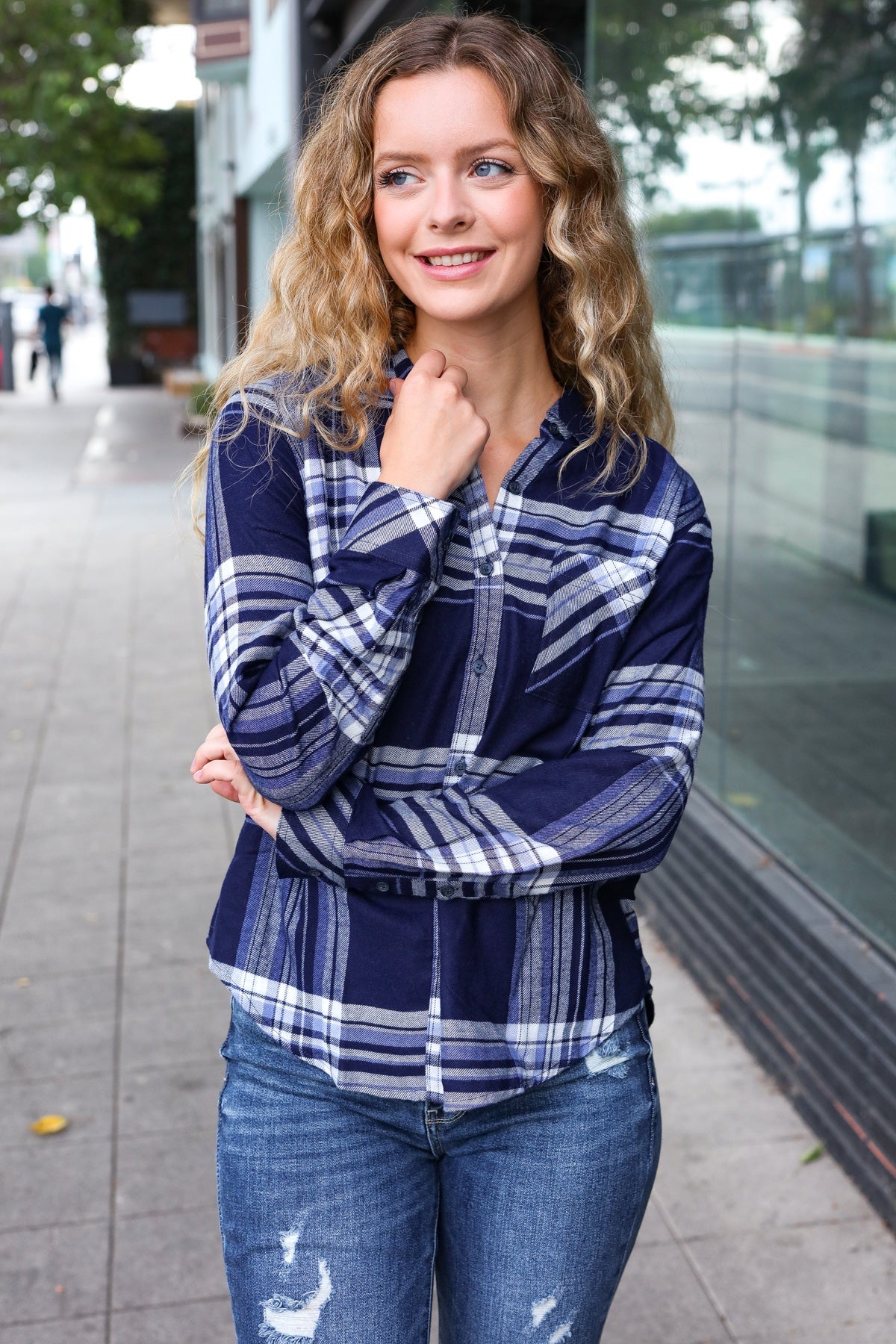 Stylish Blue Plaid Button Down Shirt for Women - Casual Long Sleeve Blouse - Perfect for Office, Date Night & Fall Outfits