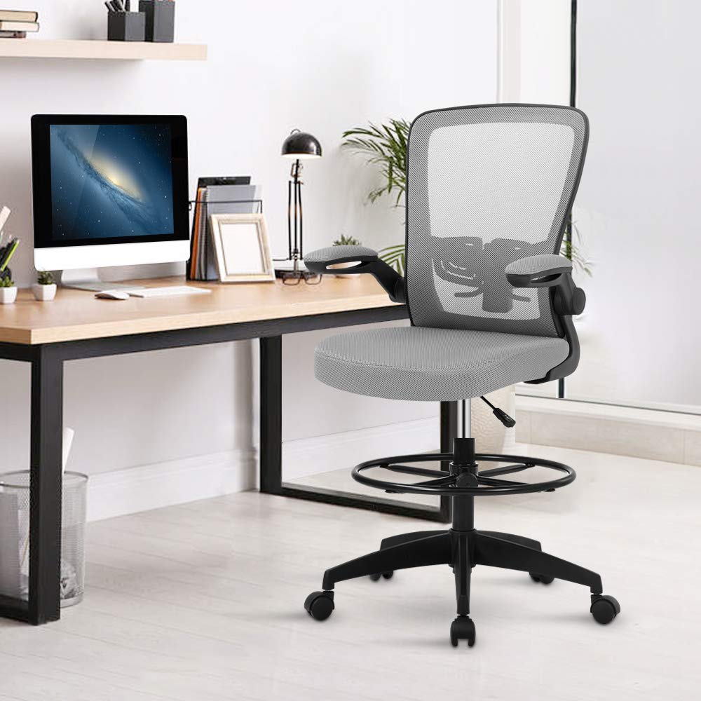 Ergonomic Mesh Drafting Chair - Adjustable Height Office Chair with Lumbar Support for Standing Desk, Foot Ring & Flip-Up Arms - Ideal for Short People & Home Office Use (Grey) - Perfect for Architects, Artists & Long Work Sessions