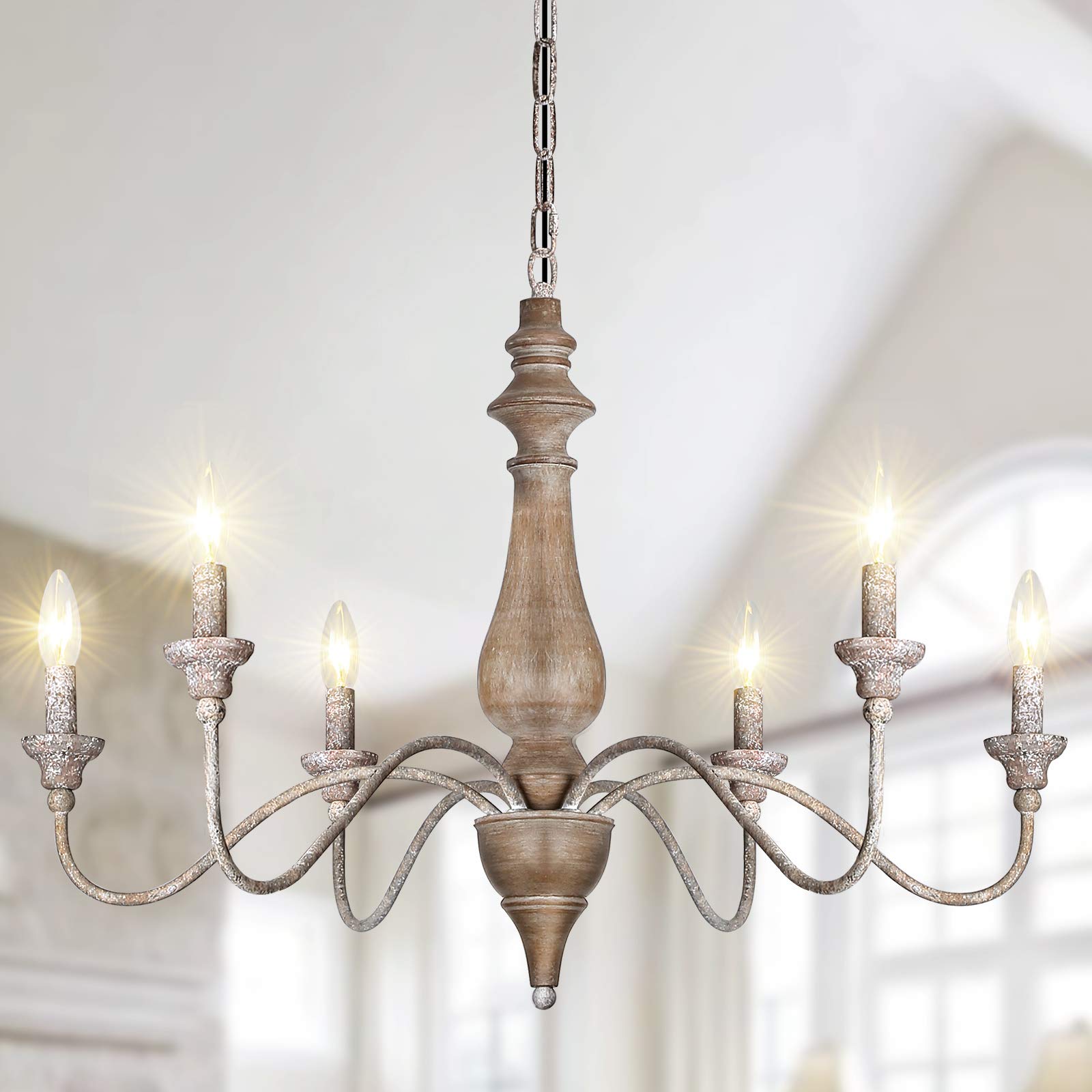 French Country 6-Light Farmhouse Chandelier - Rustic Wood Finish Candle-Style Lighting Fixture for Dining Room, Living Room, Bedroom, Kitchen & Stairway - 29.5