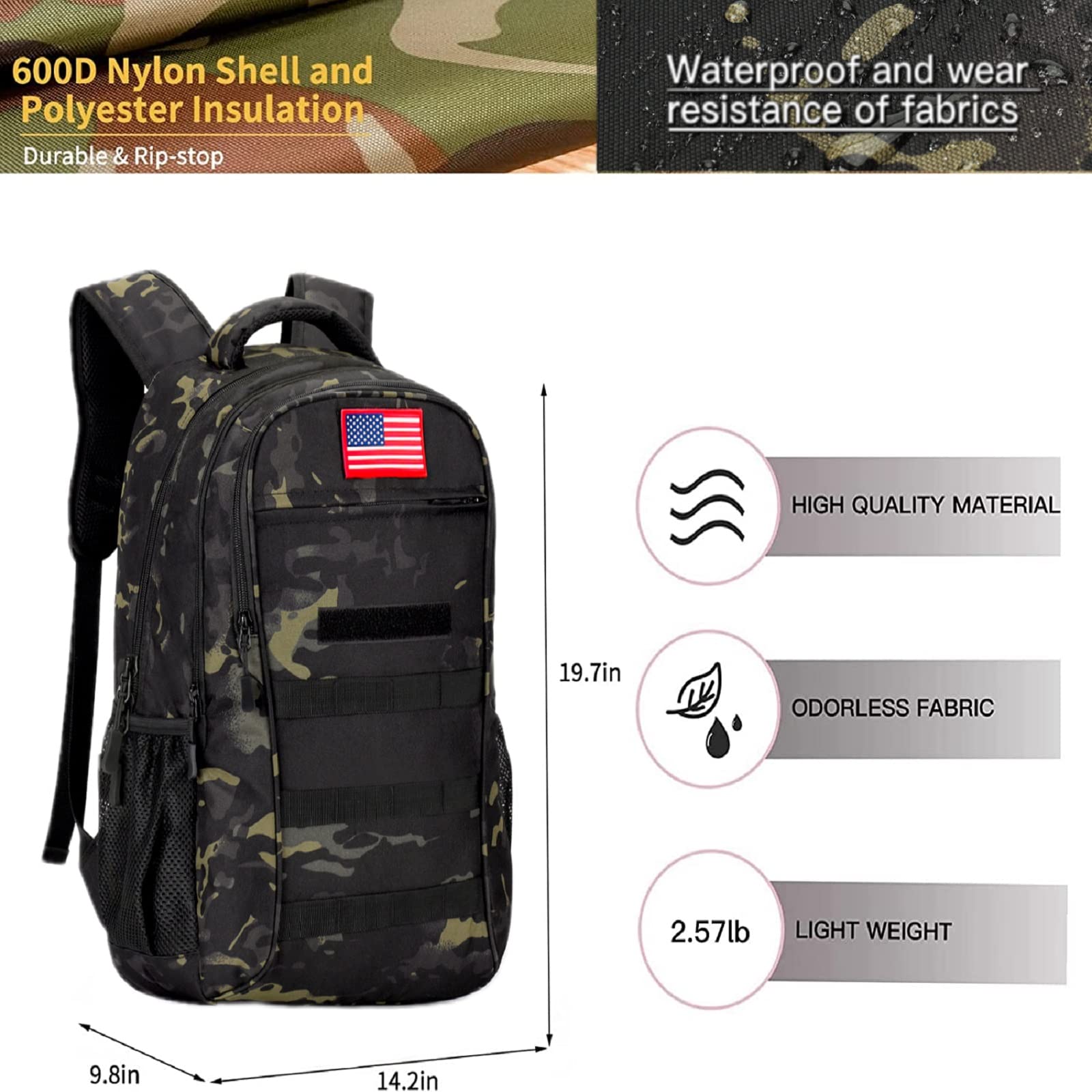 Military Tactical Backpack for Boys 40L - Camo School Backpack with USB Charging Port - Durable Teen & Men's Hiking, Travel & Everyday Use Backpack