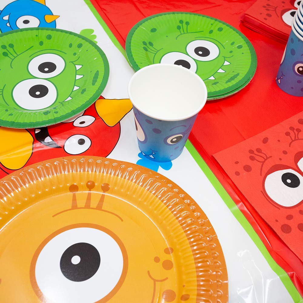 Monster Deluxe Party Supplies Kit (123 Pieces for 16 Guests) - Complete Monster Birthday Party Decorations Set with Plates, Napkins & Tableware - Perfect for Monster Themed Parties, 1st Birthdays & Halloween Celebrations