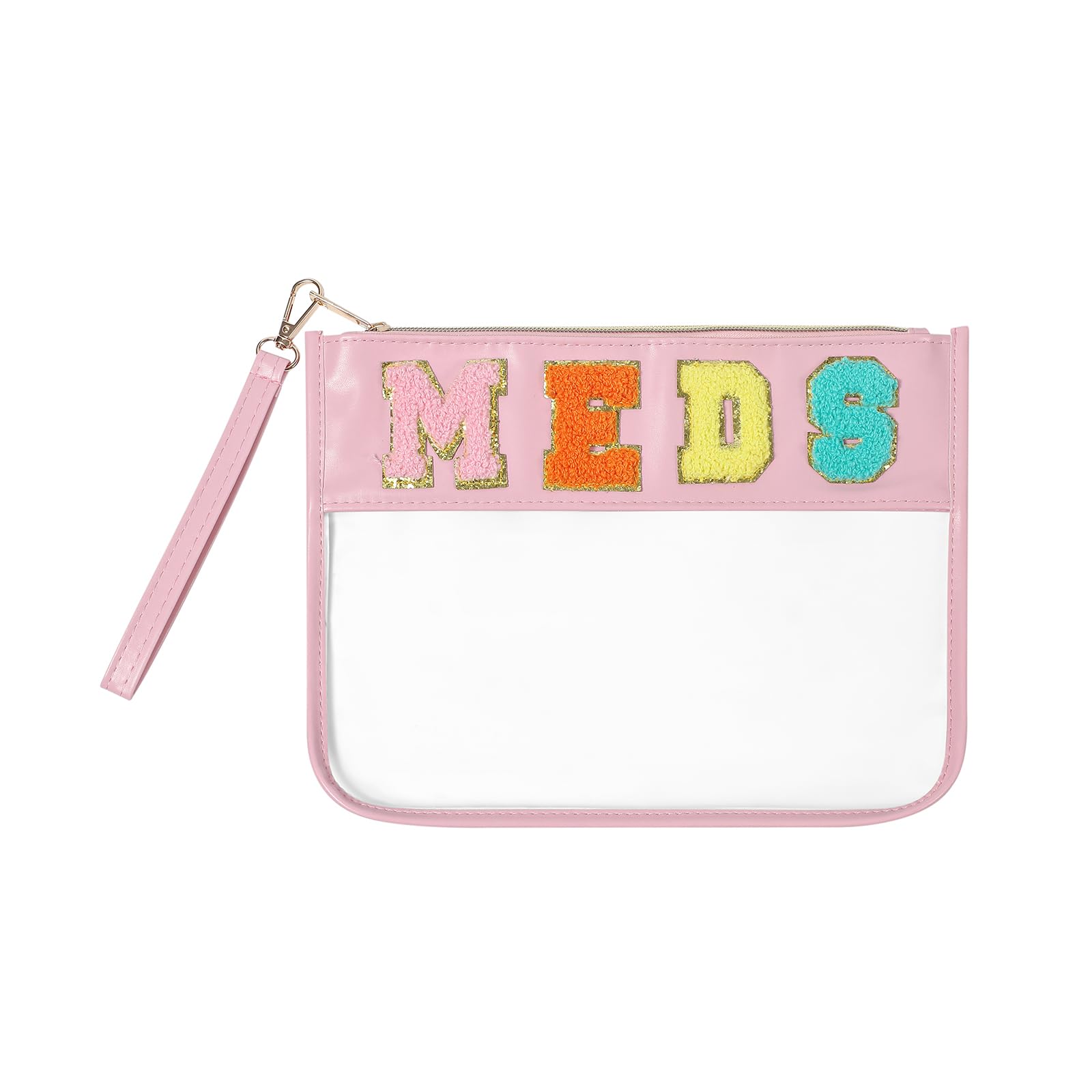 Personalized Clear Medicine Chenille Letter Makeup Bag - Waterproof PU Leather Zipper Pouch for First Aid, Travel & Cosmetics Organization - Transparent Medication Storage (Pink) - Perfect for Travel, Gym, Daily Essentials & Emergency Kits