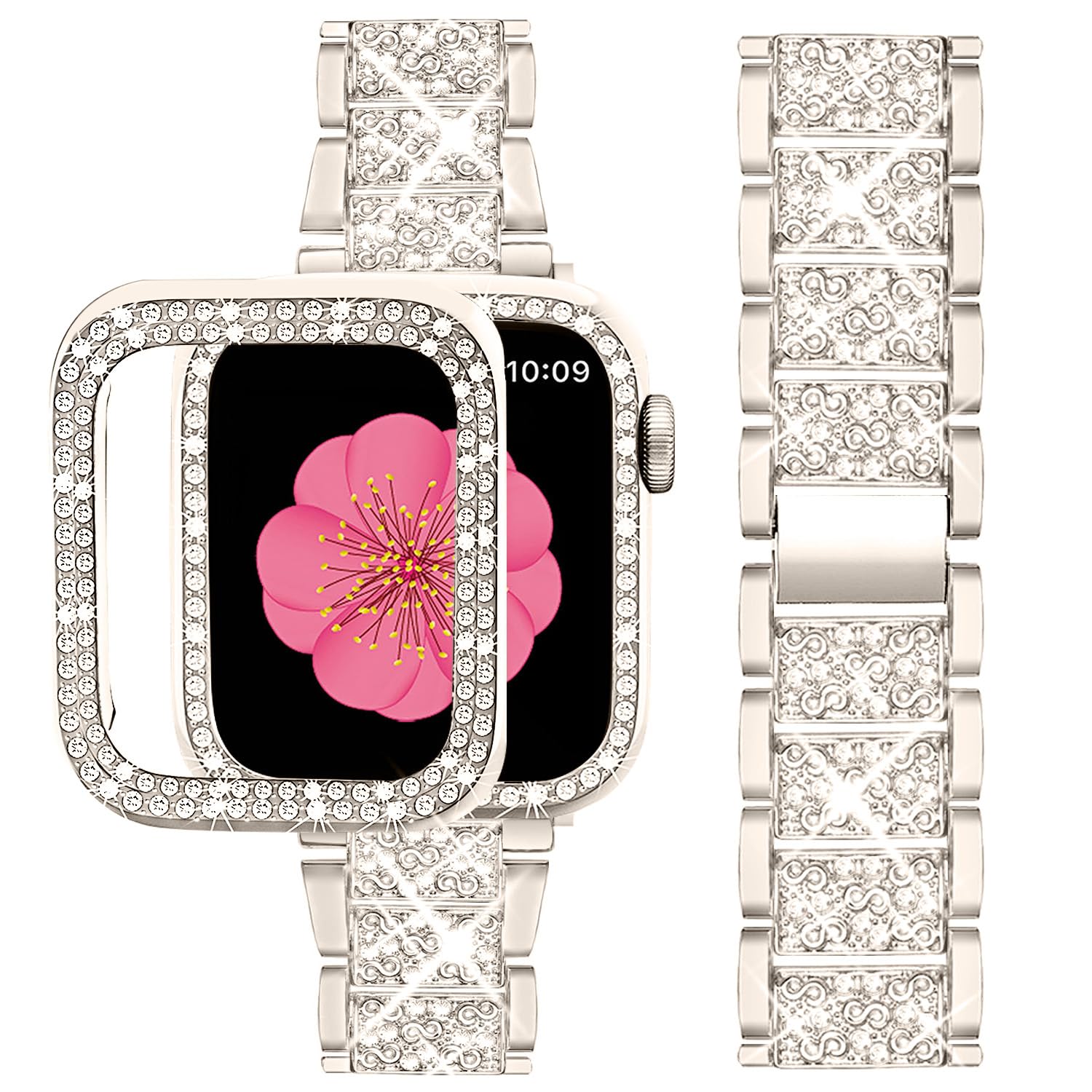 SUPOIX Luxury Bling Diamond Metal Band & 2 Pack Protective Case for Apple Watch Series 9/8/7/6/SE 41mm - Champagne Gold | Women's Fashion Jewelry Watch Accessory | Perfect for Work, Party & Everyday Wear