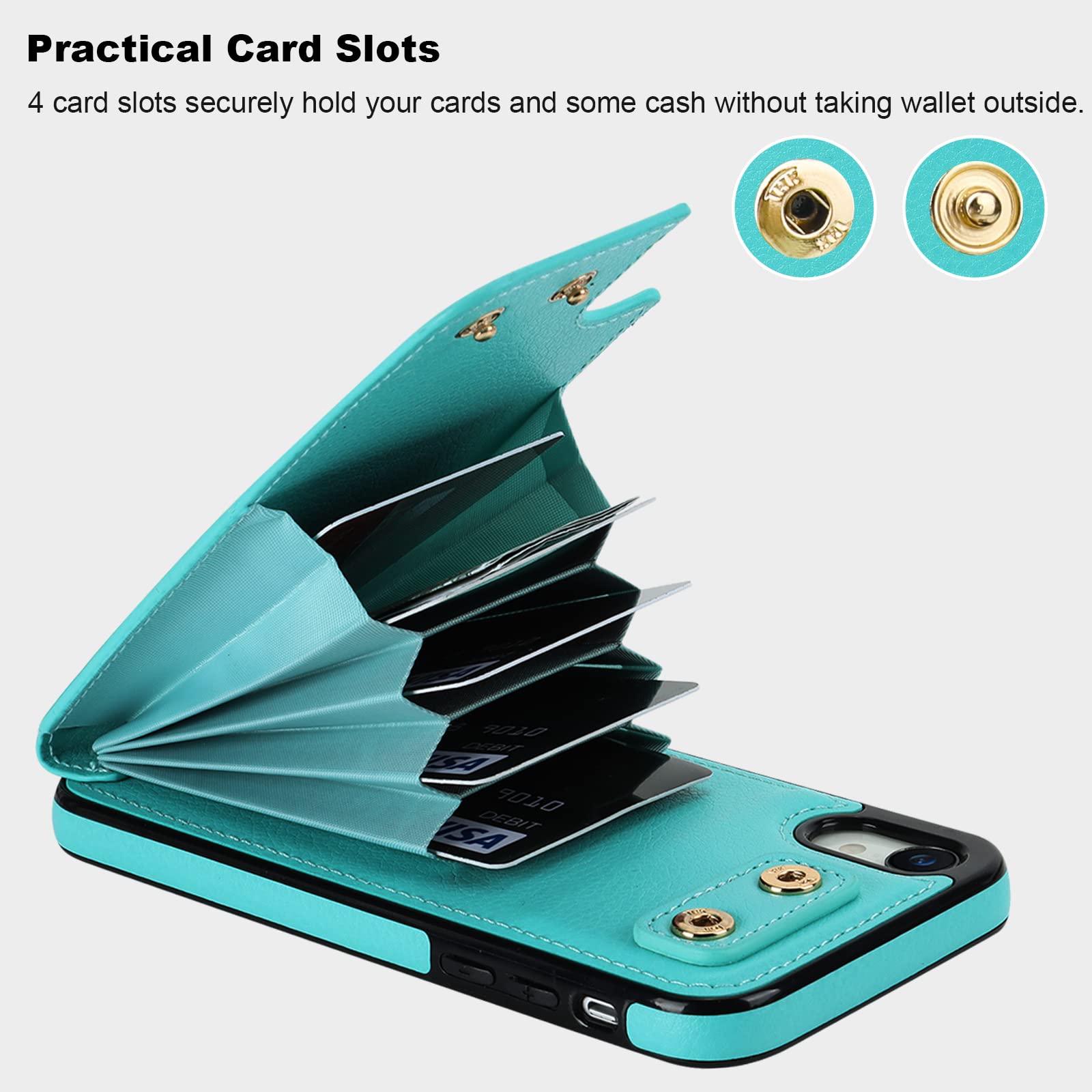 Folosu iPhone XR Wallet Case with Card Holder & 360° Rotating Finger Ring Stand - RFID Blocking PU Leather Flip Cover with Kickstand & Double Button Closure (6.1 Inch, Mint Green) - Perfect for Work, Travel & Everyday Protection