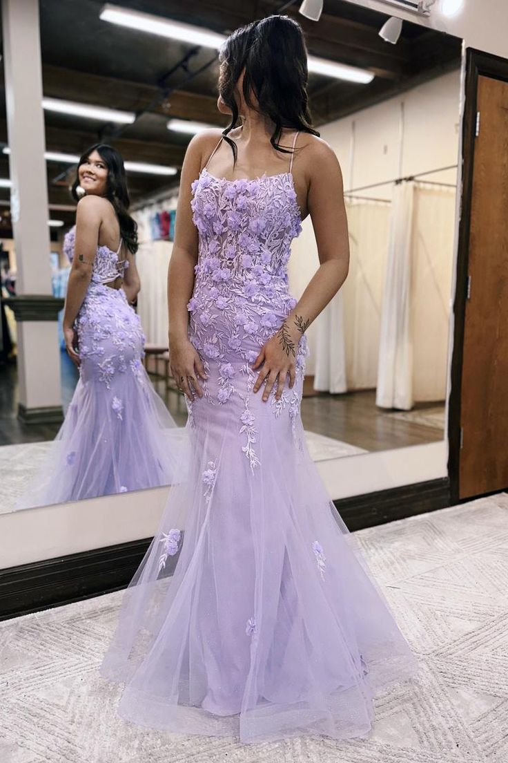 Elegant Lavender Mermaid Prom Dress with 3D Floral Appliques - Long Tulle Formal Gown for Homecoming, Quinceañera & Evening Parties - Style J5217