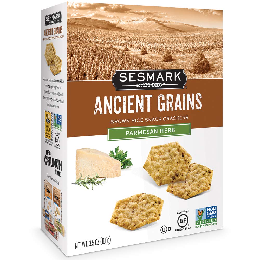 Sesmark Ancient Grains Rice Crackers - Parmesan Herb Flavor, Gluten Free Snacks, 3.5oz (6 Pack) | Healthy On-The-Go Snack for Work, School & Travel