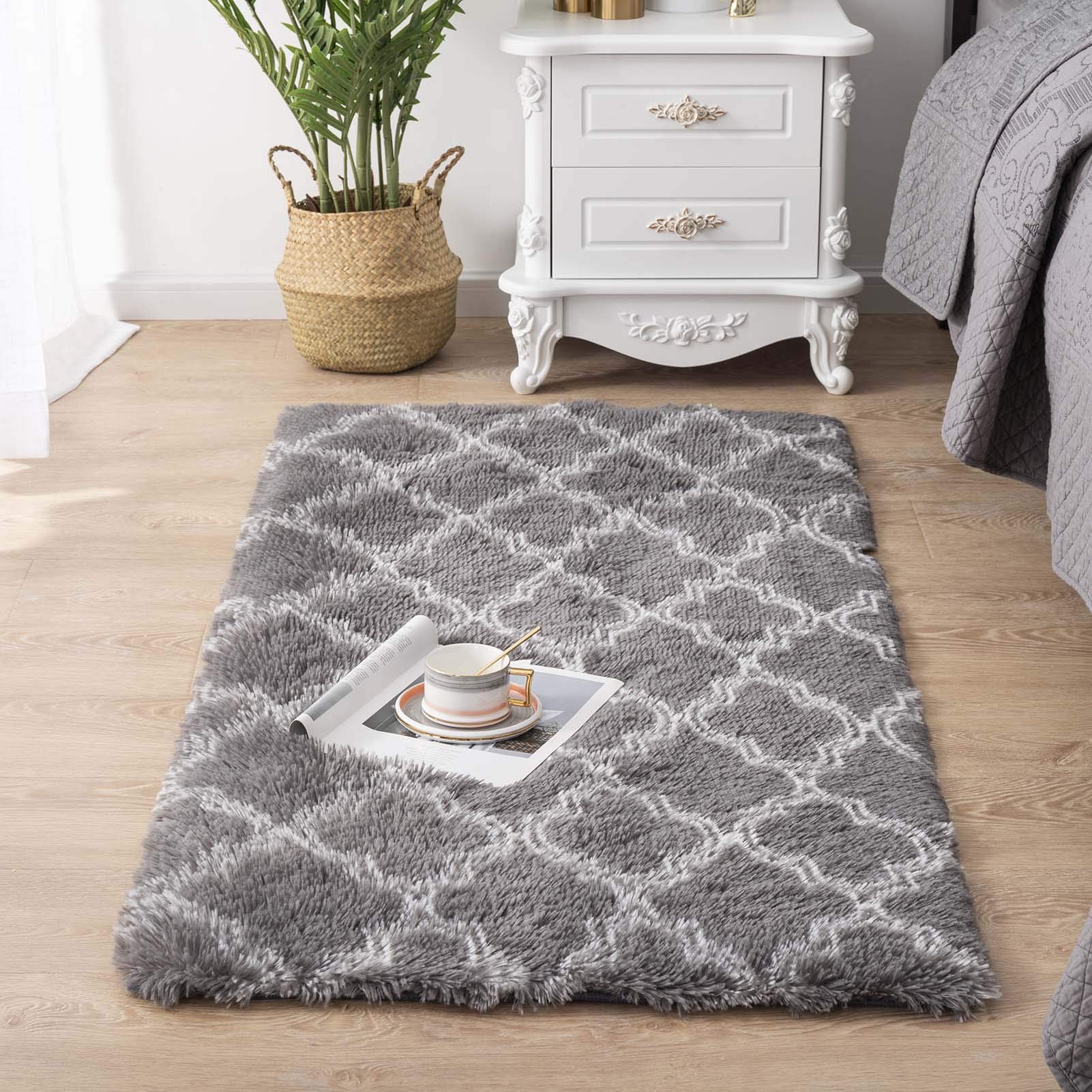 Premium Moroccan Shag Rug - Ultra Soft Fluffy Carpet for Bedroom, Living Room & Nursery - 2.3' x 5' Grey & White Modern Area Rug - Plush Floor Mat for Kids Room, Baby Room & Cozy Home Decor