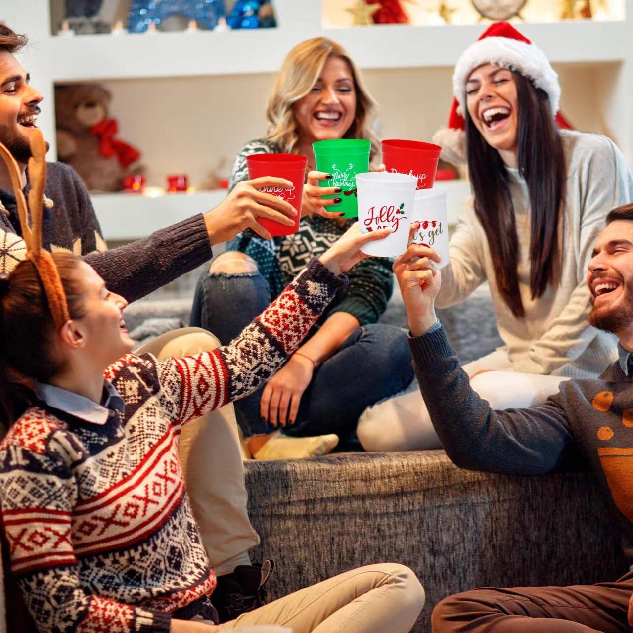 24 Pack Christmas Party Plastic Cups - 16oz Red & Green Holiday Stadium Cups with 4 Festive Drinking Pun Designs, Perfect for Christmas Party Supplies, Office Celebrations & Family Gatherings