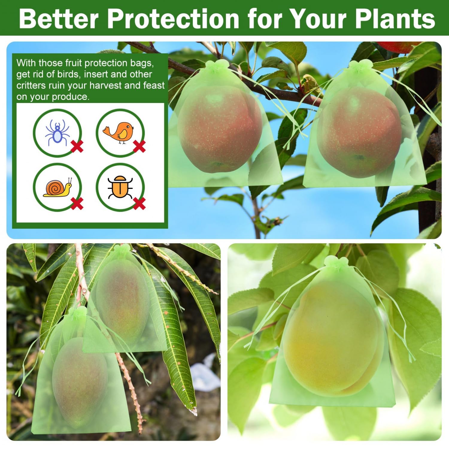 June Fox 50 Pcs 6x9 Inch Reusable Mesh Fruit Protection Bags with Drawstring - Breathable Garden Netting Covers for Mangoes, Tomatoes, Apples & Vegetables - Ideal for Organic Gardening & Pest Control (Green)