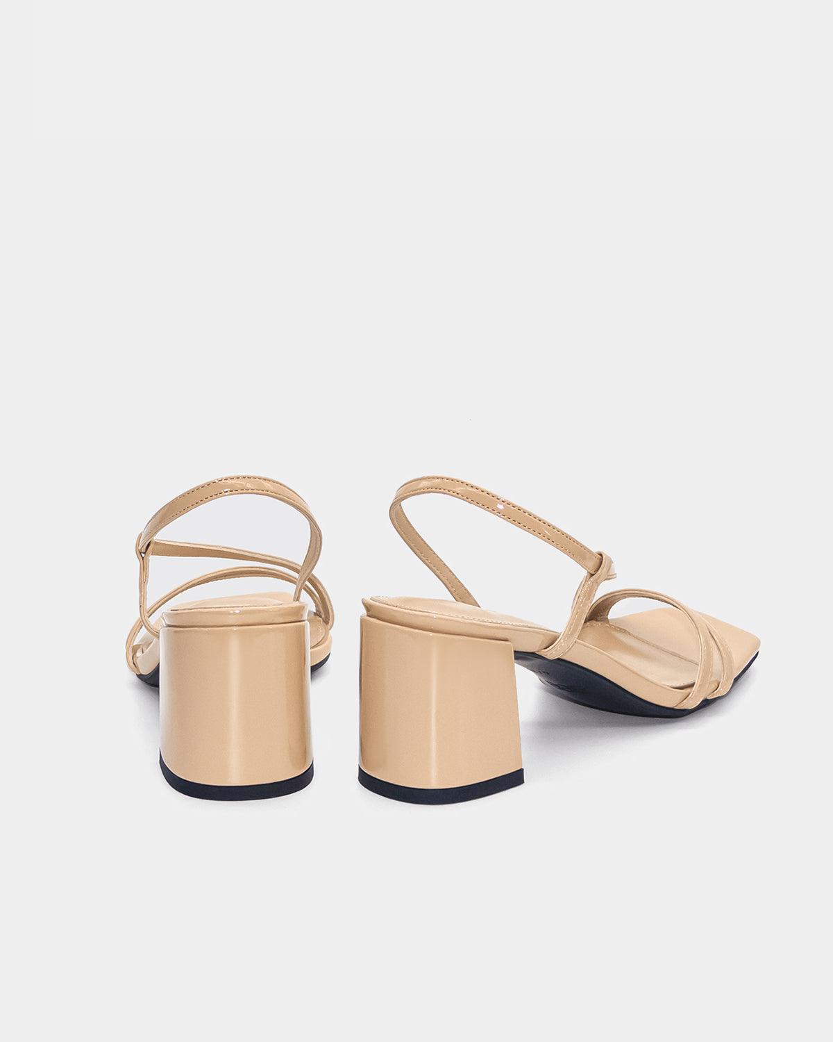 Beige Patent Leather Strap Sandals with Block Heel | Women's Comfortable Dressy Summer Shoes for Weddings, Parties & Office Wear