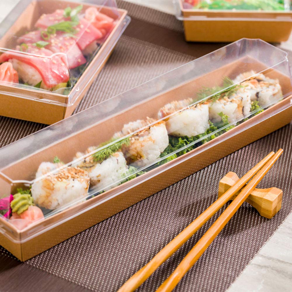 Matsuri Vision 11.8 x 3.4 x 1.6 Inch Clear Plastic Lids for Large Tetra Containers - 100 Pack Airtight Raised Design Sushi Box Lids (Containers Sold Separately) - Perfect for Food Storage, Catering, Takeout & Restaurant Use