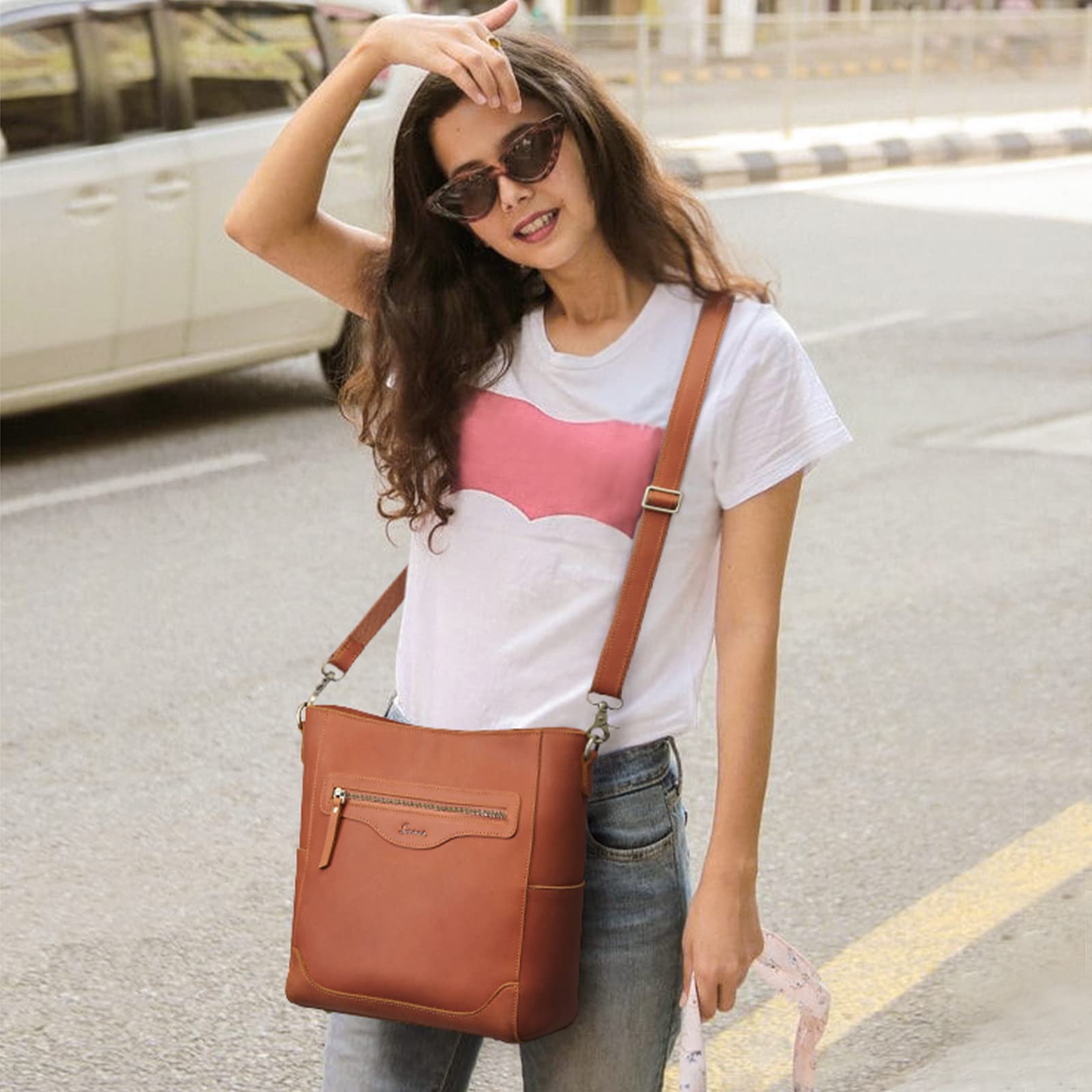 S-ZONE Genuine Leather Women's Vintage Bucket Shoulder Bag Crossbody Purse with Outer Pocket - Perfect for Work, Travel & Everyday Use
