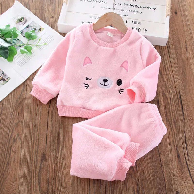 2PCS Baby Winter Outfit Set - French Brushed Cartoon Cat Embroidered Long Sleeve Pants & Top for Infants | Warm & Cozy for Fall & Winter | Perfect for Playdates, Family Photos & Holiday Gatherings