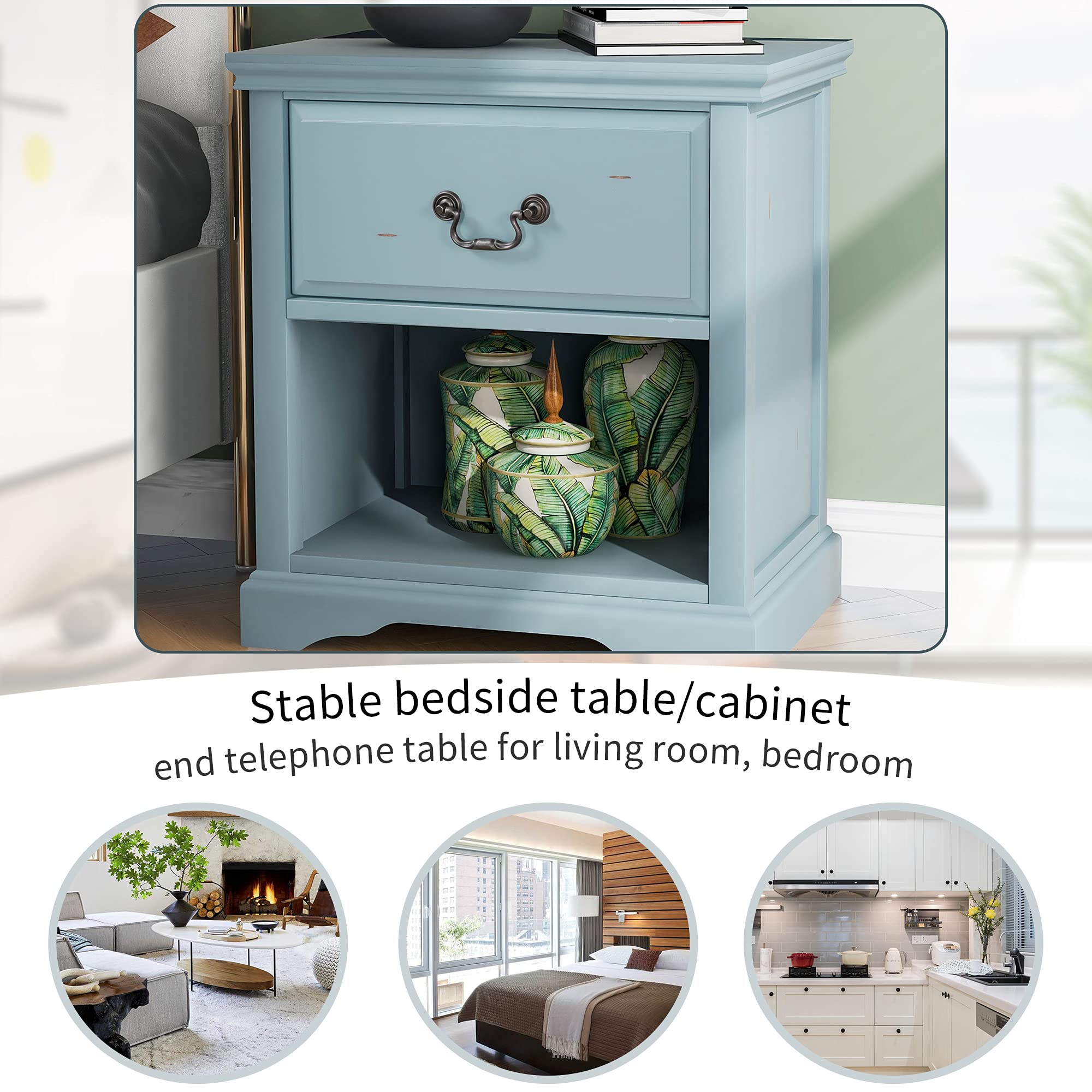 Solid Wood End Table Nightstand with Drawer & Shelf - Rustic Retro Storage Side Table for Living Room & Bedroom - Traditional Design Bedside Table for Small Spaces (Blue) - Perfect for Reading Nook, Guest Room & Apartment Decor