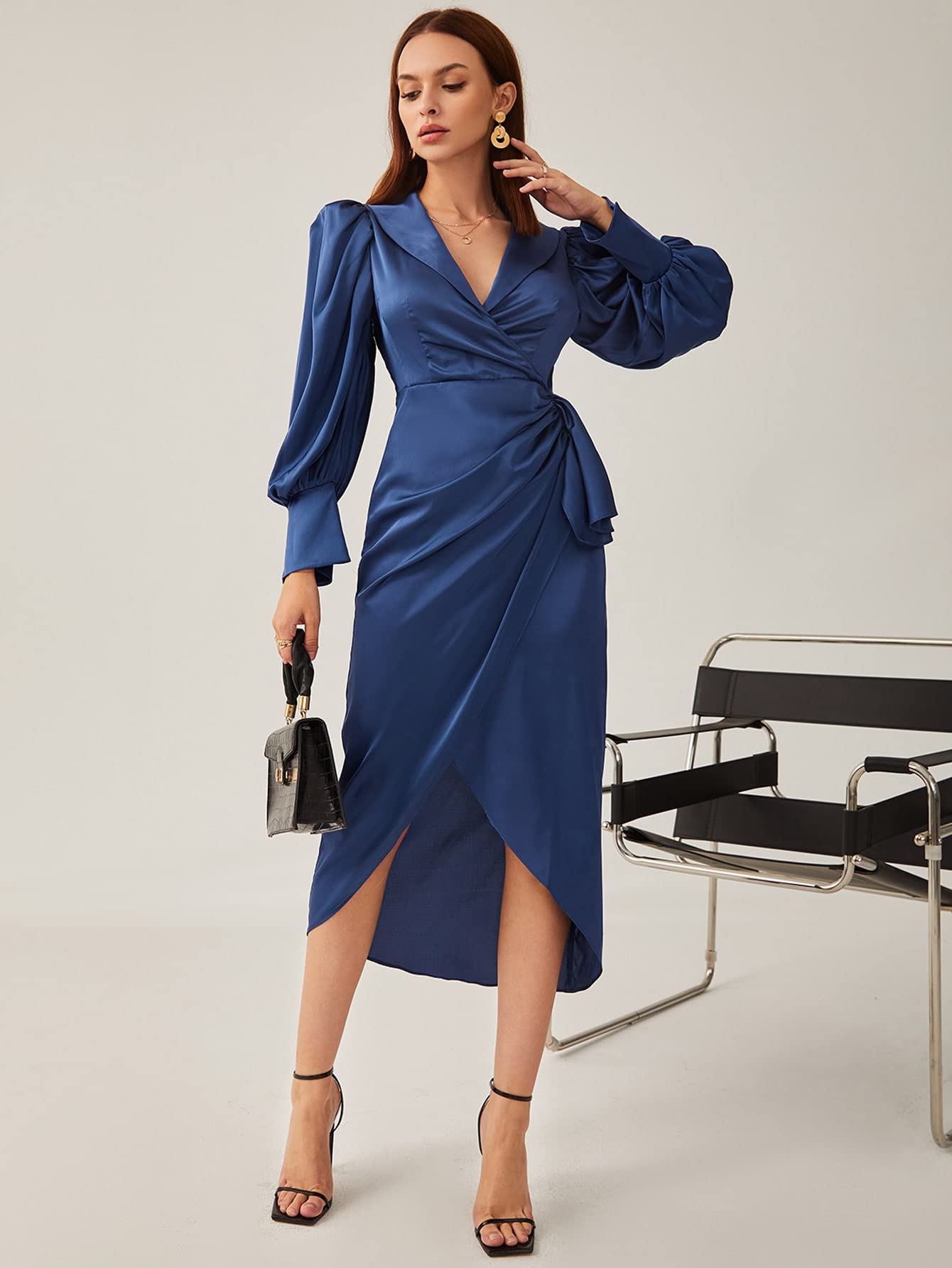 OFUNGO Women's Solid Wrap Knot Side Gigot Sleeve Satin Dress - Medium Size | Elegant Party, Wedding Guest & Cocktail Attire for Women
