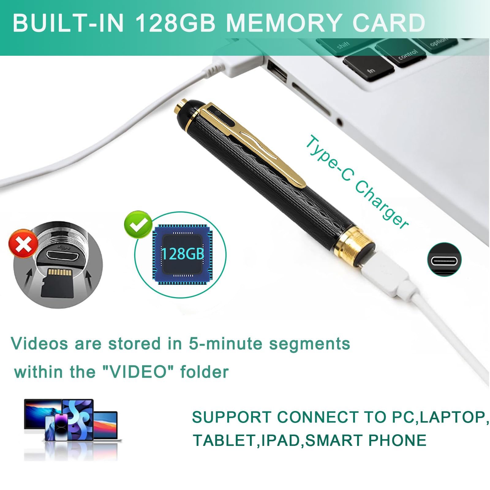 128GB Hidden Spy Camera Pen - 1080P HD Mini Body Camera with 300 Min Loop Recording, Wireless Nanny Cam & Secret Security Camera for Home, Office, Classroom Monitoring - Perfect for Covert Surveillance, Evidence Collection, and Child Safety