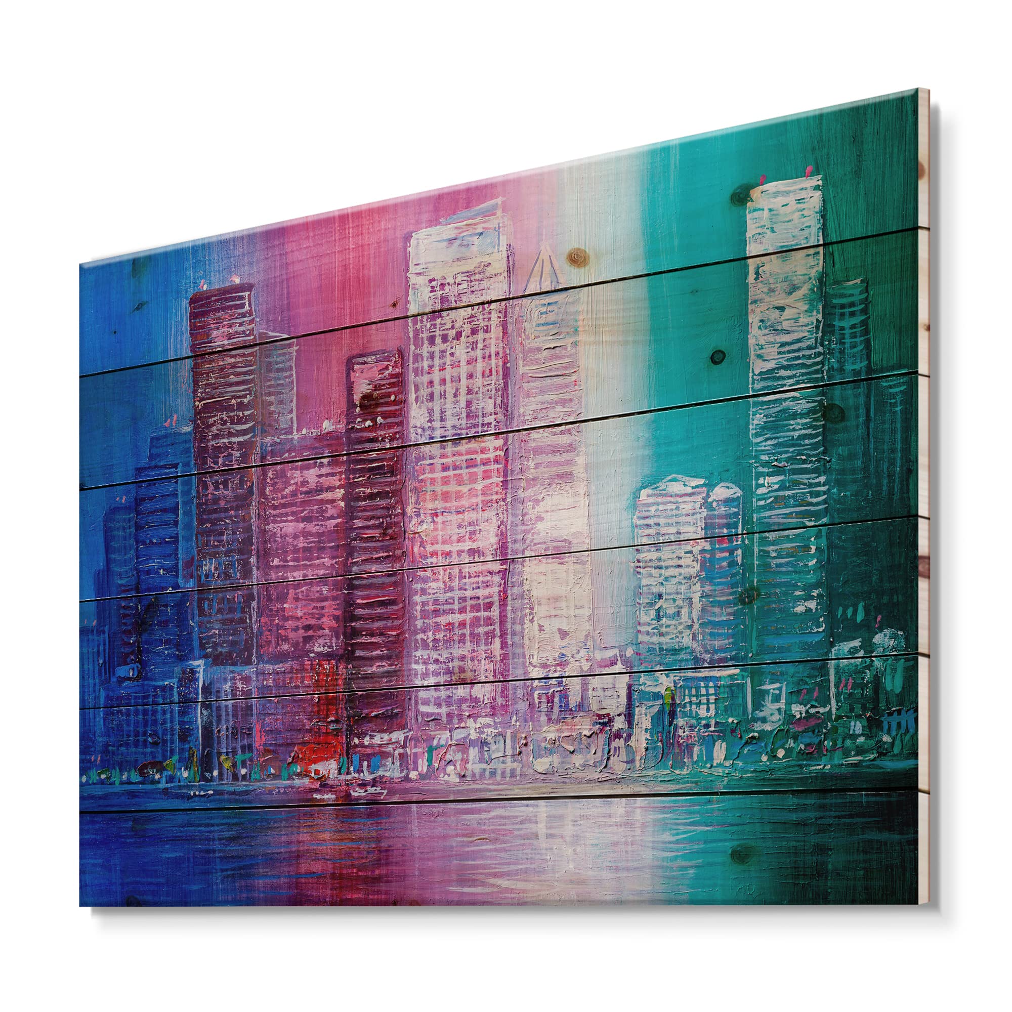 Abstract Cityscape Wood Wall Art - Modern Pink Panorama Decor for Living Room