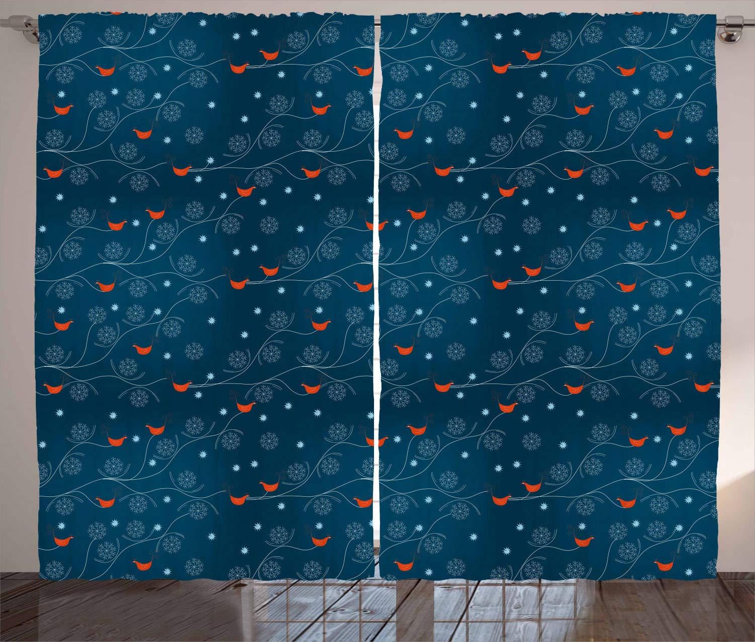 Ambesonne Winter Curtains - Orange Birds on Snowy Tree Branches Nature Design, 2 Panel Window Drapes for Living Room & Bedroom, 108