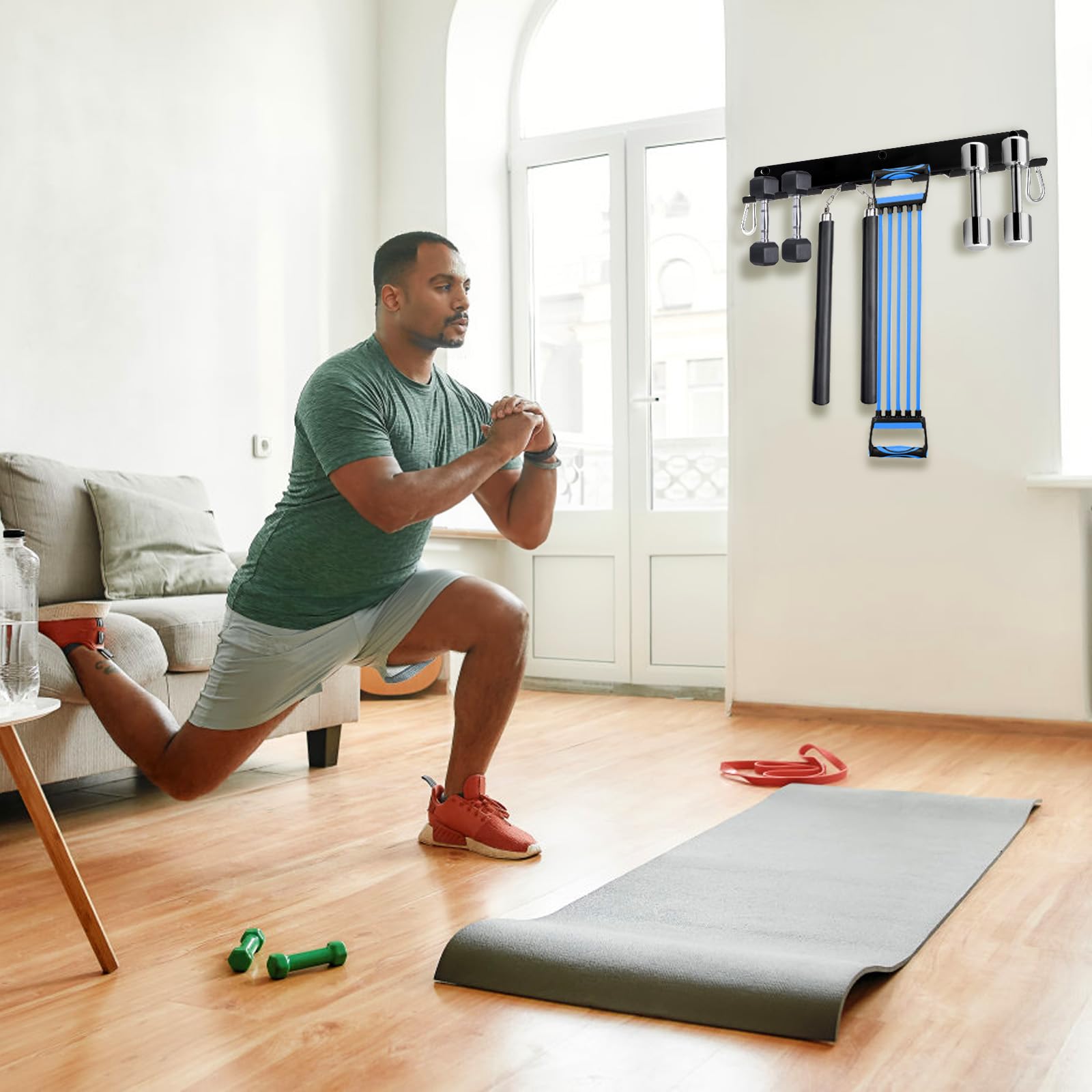 Tebery 9-Hook Wall Mount Gym Storage Rack - Heavy Duty Metal Fitness Equipment Organizer for Exercise Bands, Jump Ropes, Barbells & Lifting Belts - Perfect for Home Gym, Garage & Workout Room Organization