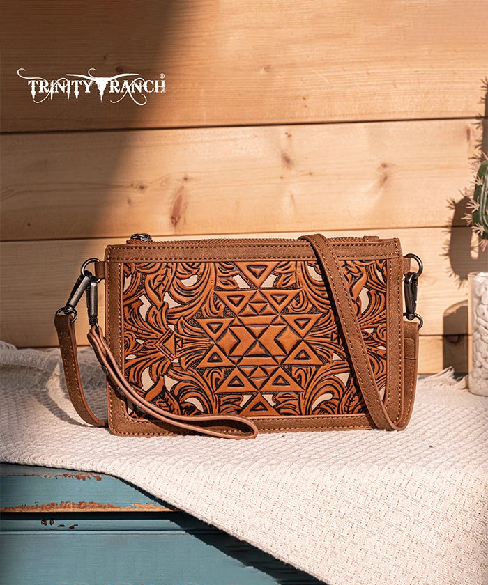 Trinity Ranch Aztec Tooled Leather Wristlet - Stylish Crossbody Wallet for Women | Perfect for Shopping, Travel & Everyday Use