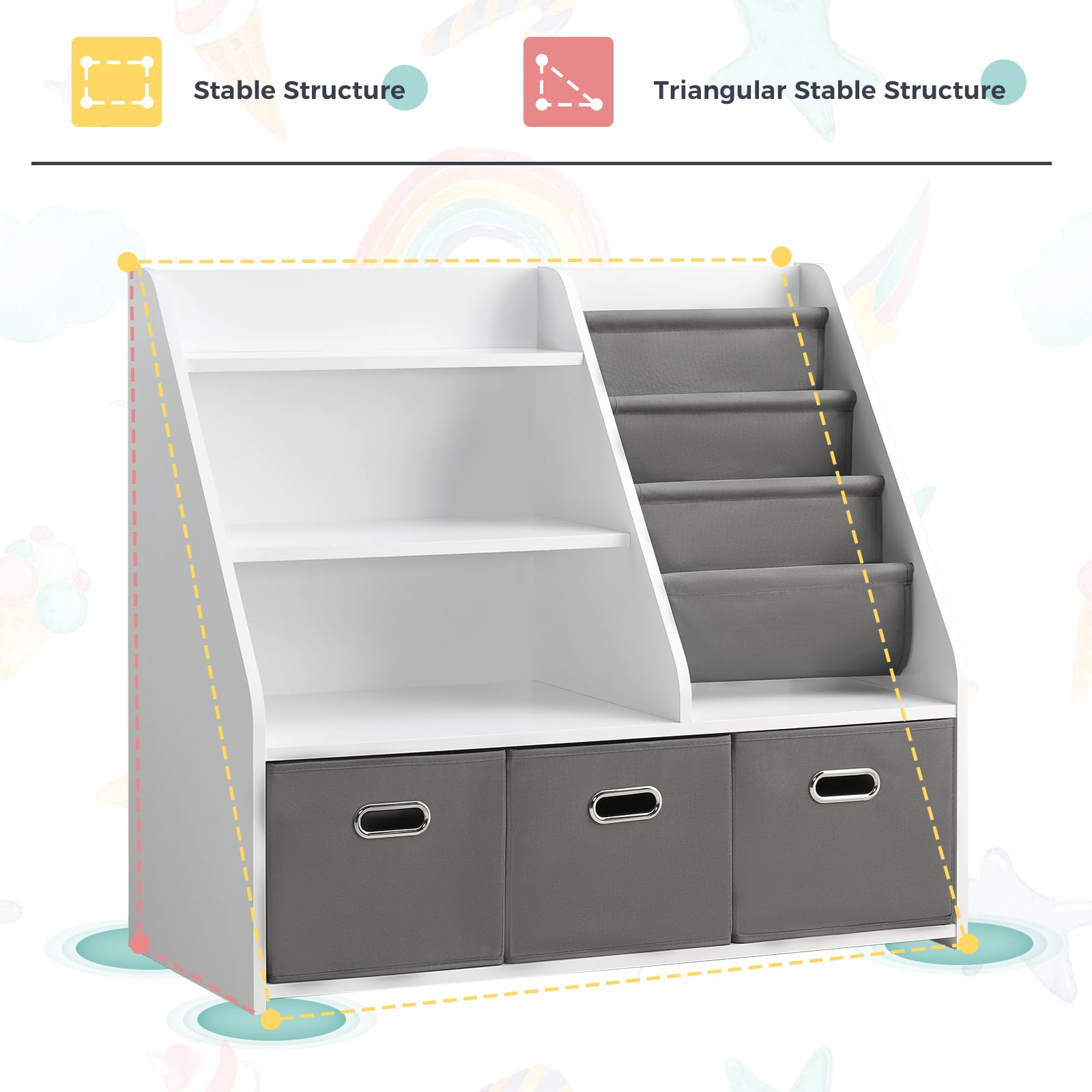 EFURDEN Kids Bookshelf & Toy Storage Organizer - White Wooden Book Display Shelf with Storage Bins for Bedroom, Playroom, Nursery & Classroom - Perfect for Organizing Children's Books, Toys and Learning Supplies