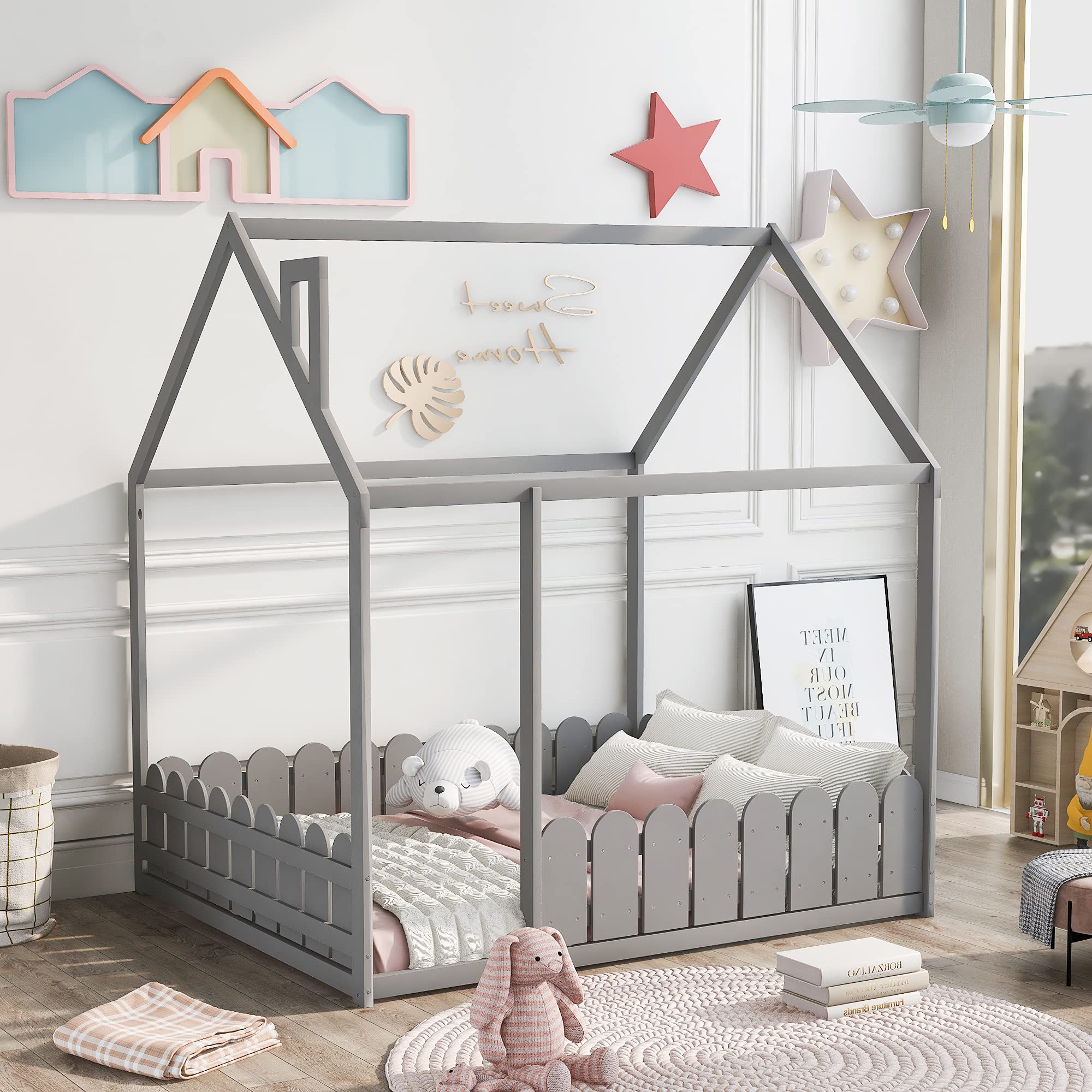 **Full Size Kids House Bed Frame with Roof & Fence - Gray Floor Bed for Boys & Girls, Easy Assembly (Slats Not Included) | Playful & Cozy Bedroom Decor for Toddlers & Kids**
