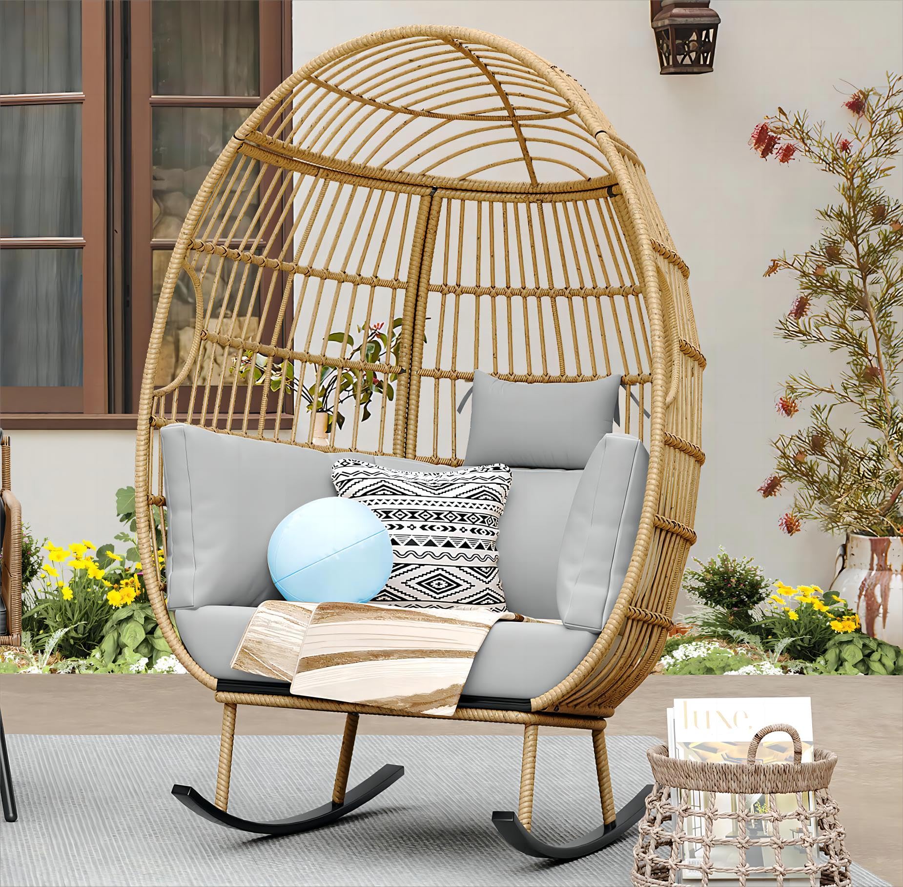 YITAHOME Grey Wicker Egg Chair for Outdoor Patio - Hanging Rocking Egg Chair with Stand - Perfect for Garden, Backyard, Balcony & Poolside Relaxation