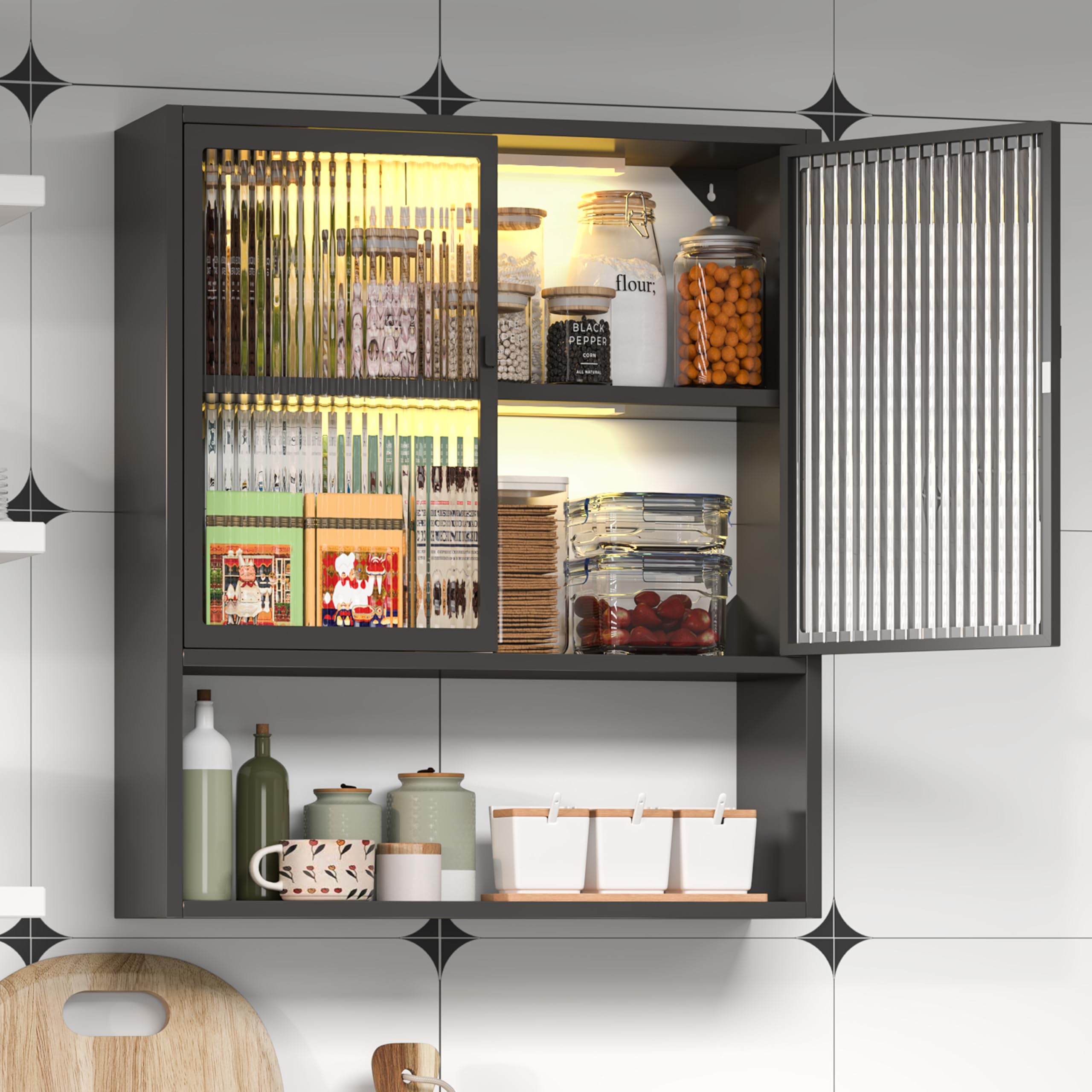 Black Metal Storage Cabinet with Glass Doors & Lights - Over The Toilet Wall Mounted Medicine Cabinet for Bathroom, Kitchen, Laundry Room - Perfect for Organizing Toiletries, Cleaning Supplies & Small Essentials