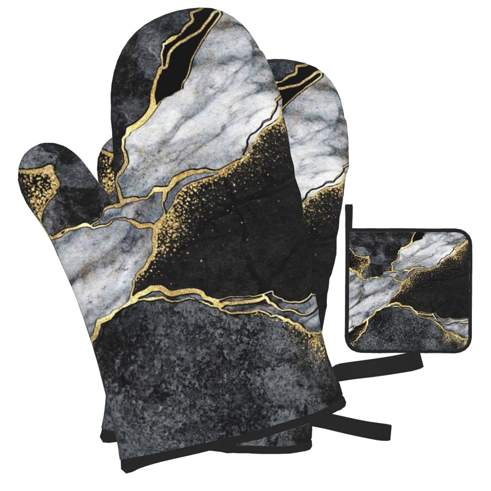 Heat Resistant Oven Mitts and Pot Holders Set of 3 - Black Marble Gold Crack Design, Non-Slip Kitchen Gloves for Baking, Cooking, Grilling & BBQ - Perfect for Home Chefs and Holiday Cooking