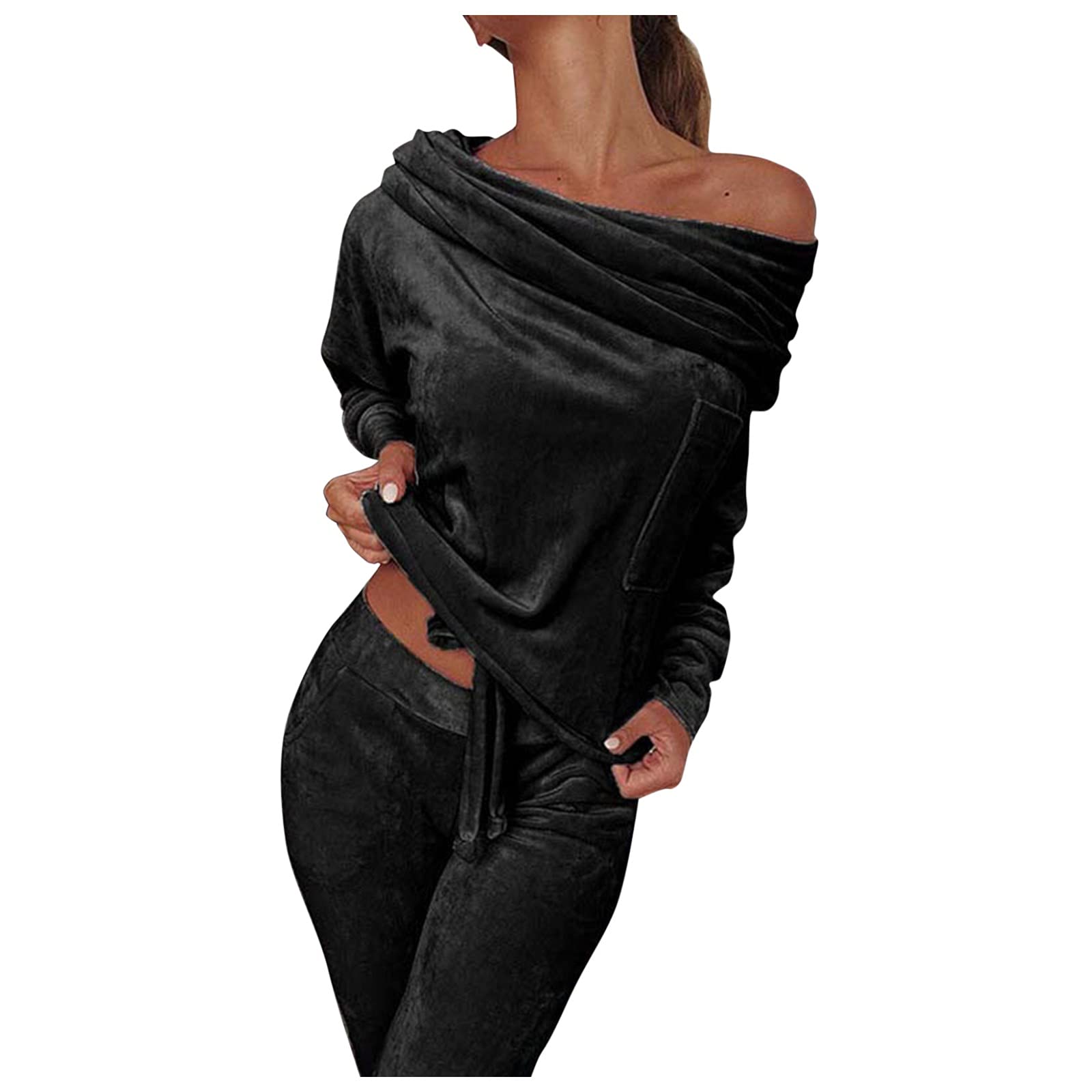 Women's Solid Color Off Shoulder Long Sleeve Sports Set - Casual Sweater Shirt & Vestido Outfit for Yoga, Gym, Running & Streetwear Fashion