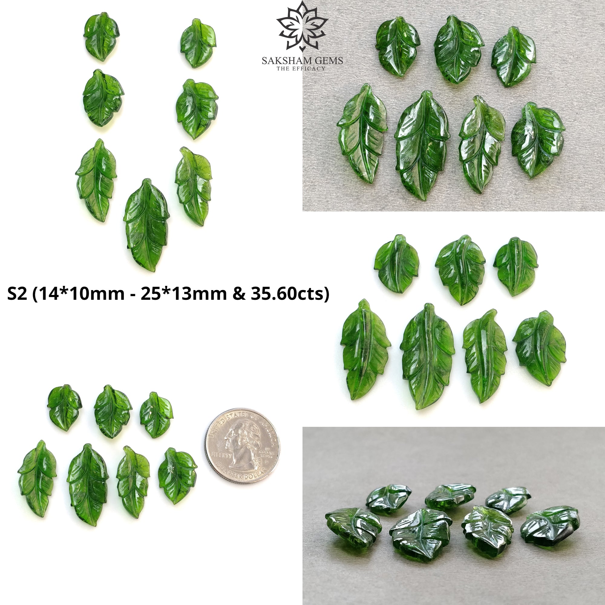 Natural Green Chrome Diopside Gemstone Carving - Hand Carved Double-Sided Leaf Design (7-Piece Set) for Jewelry Making, Meditation & Crystal Healing